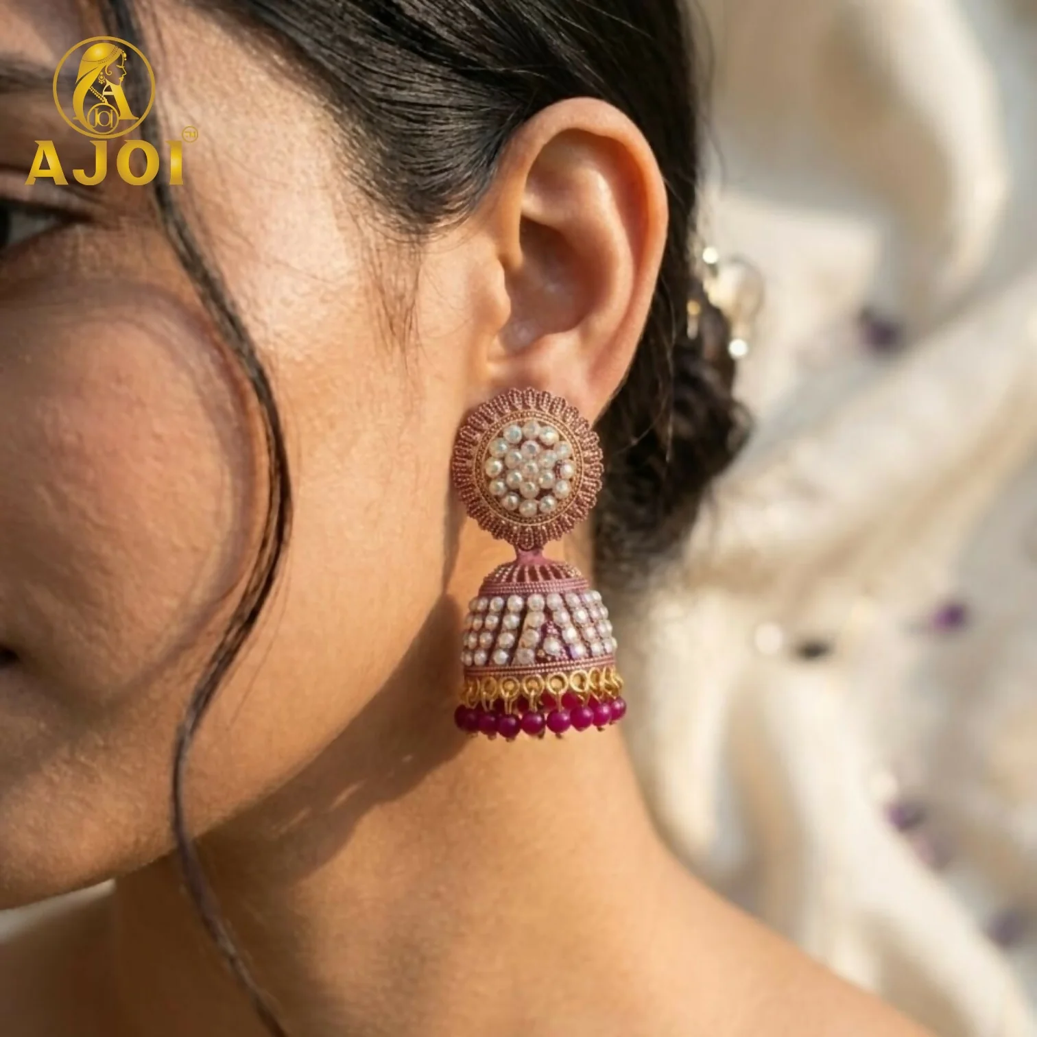Elegant Pearl Studded Jhumka Earrings with Pink Beads Traditional - Image 2