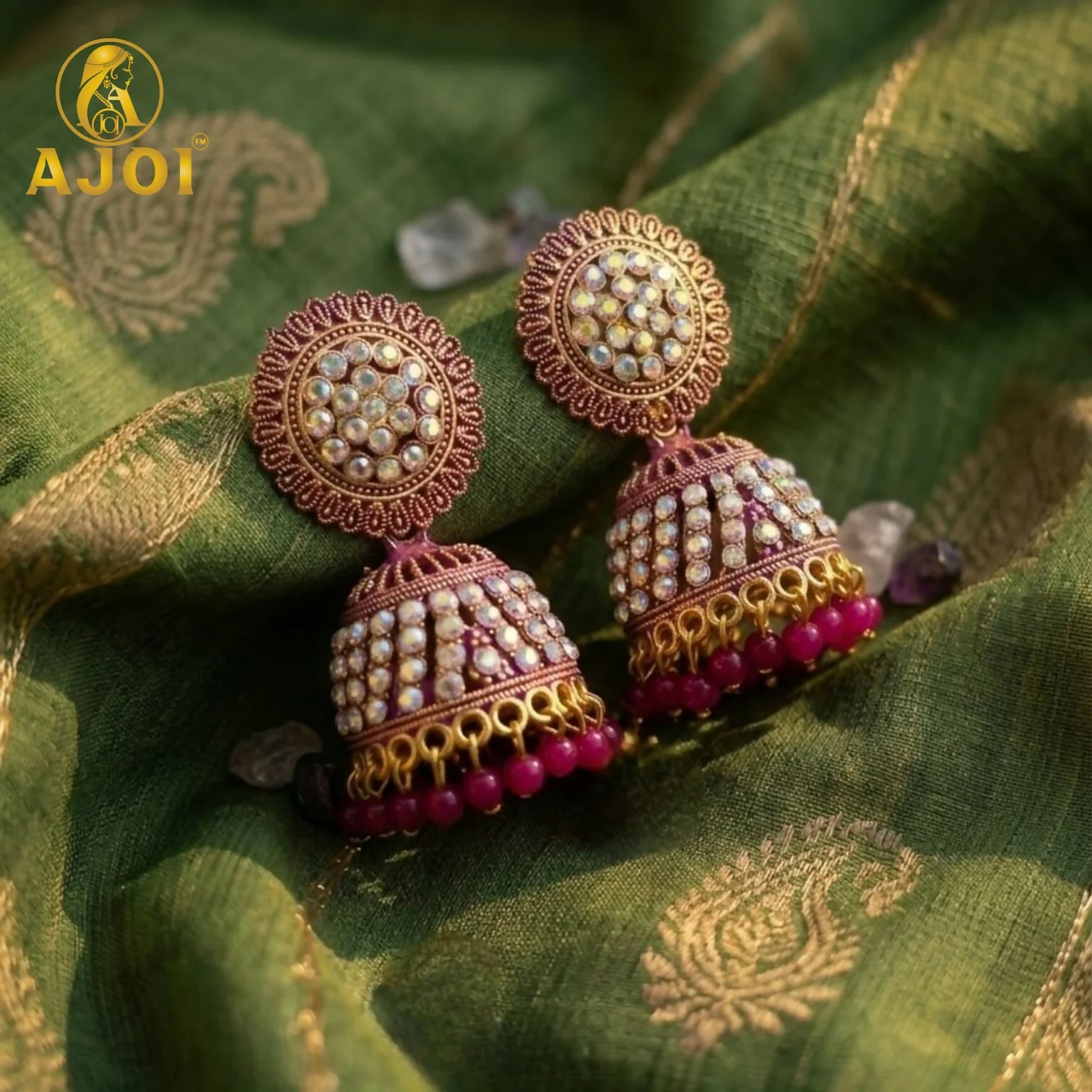 Elegant Pearl Studded Jhumka Earrings with Pink Beads Traditional - Image 3
