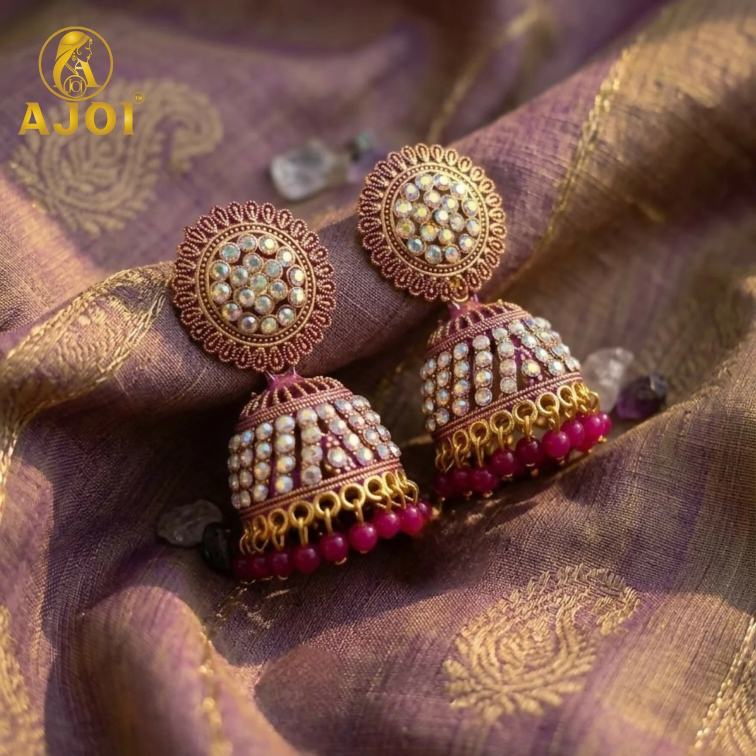 Elegant Pearl Studded Jhumka Earrings with Pink Beads Traditional - Image 4