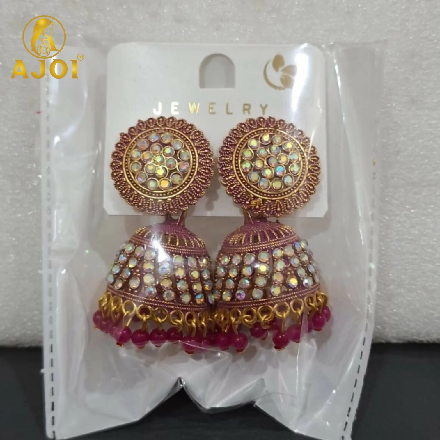Elegant Pearl Studded Jhumka Earrings with Pink Beads Traditional - Image 5