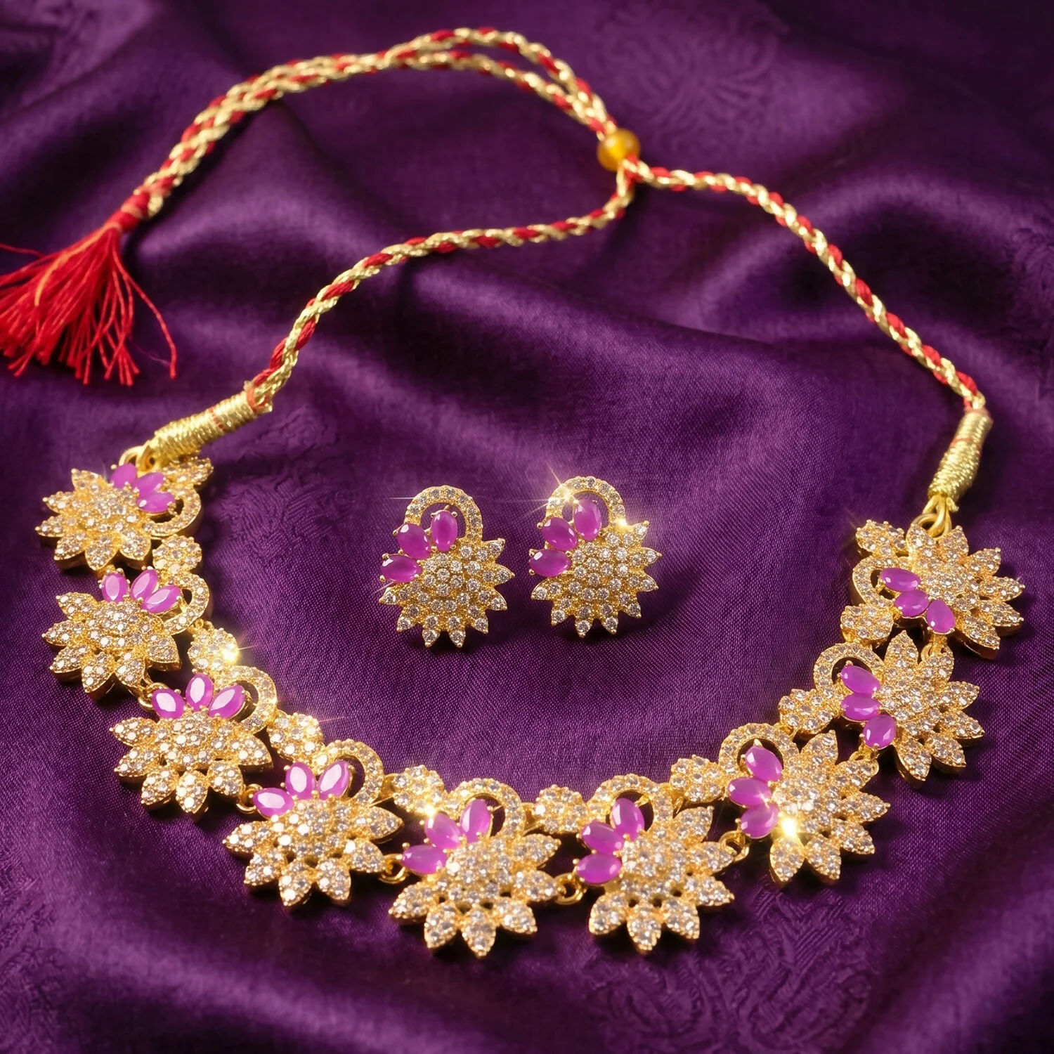 Elegant Pink Floral Necklace Set with Matching Earrings for Festive Occasions - Image 2