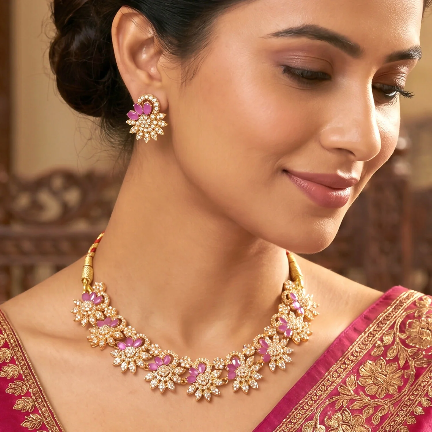 Elegant Pink Floral Necklace Set with Matching Earrings for Festive Occasions - Image 3