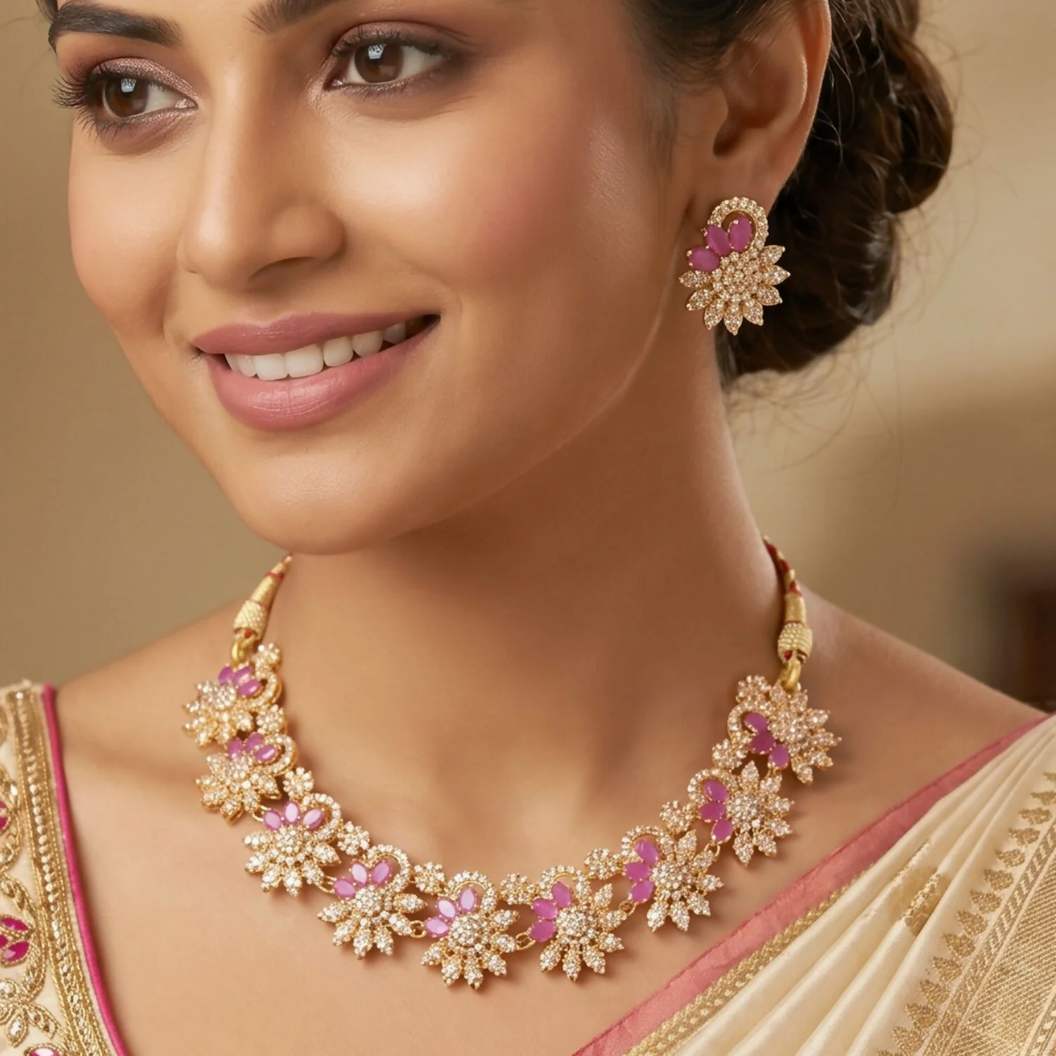 Elegant Pink Floral Necklace Set with Matching Earrings for Festive Occasions - Image 5