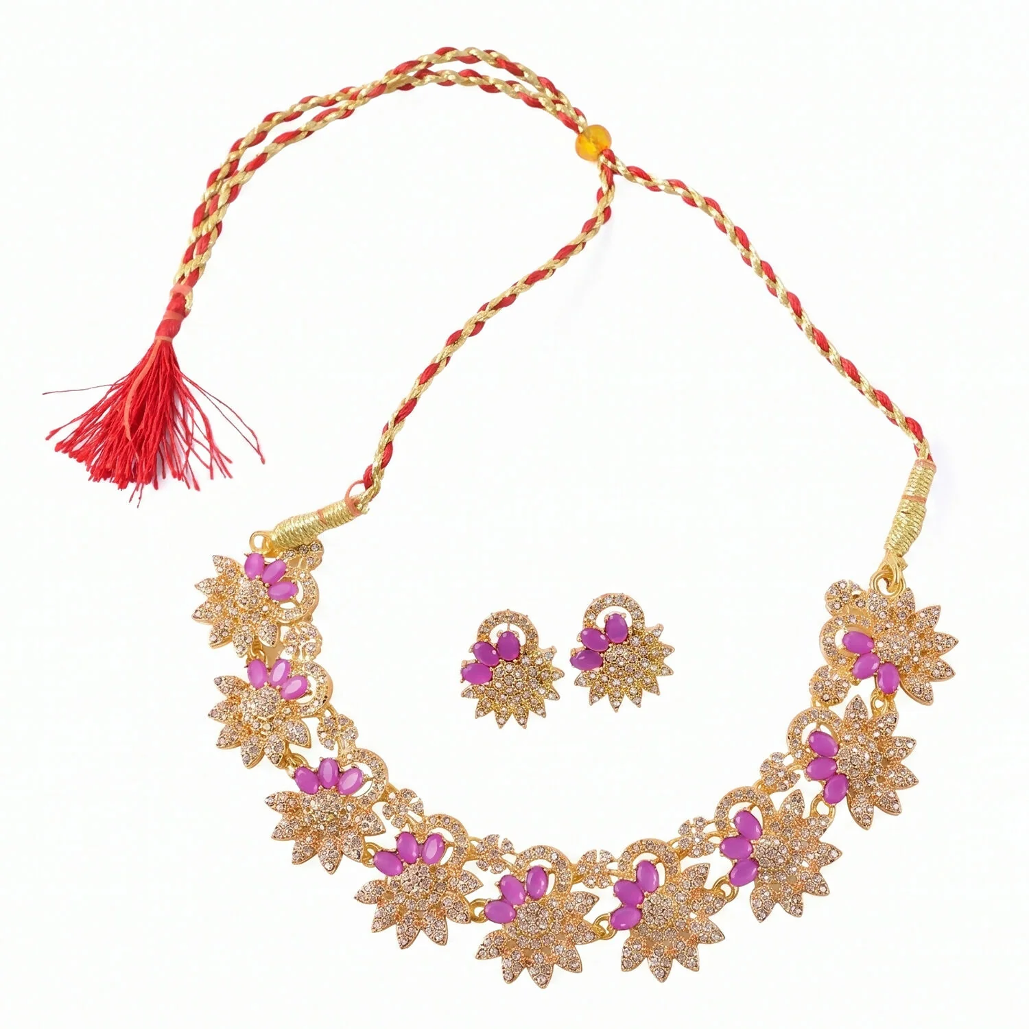 Elegant Pink Floral Necklace Set with Matching Earrings for Festive Occasions - Image 6