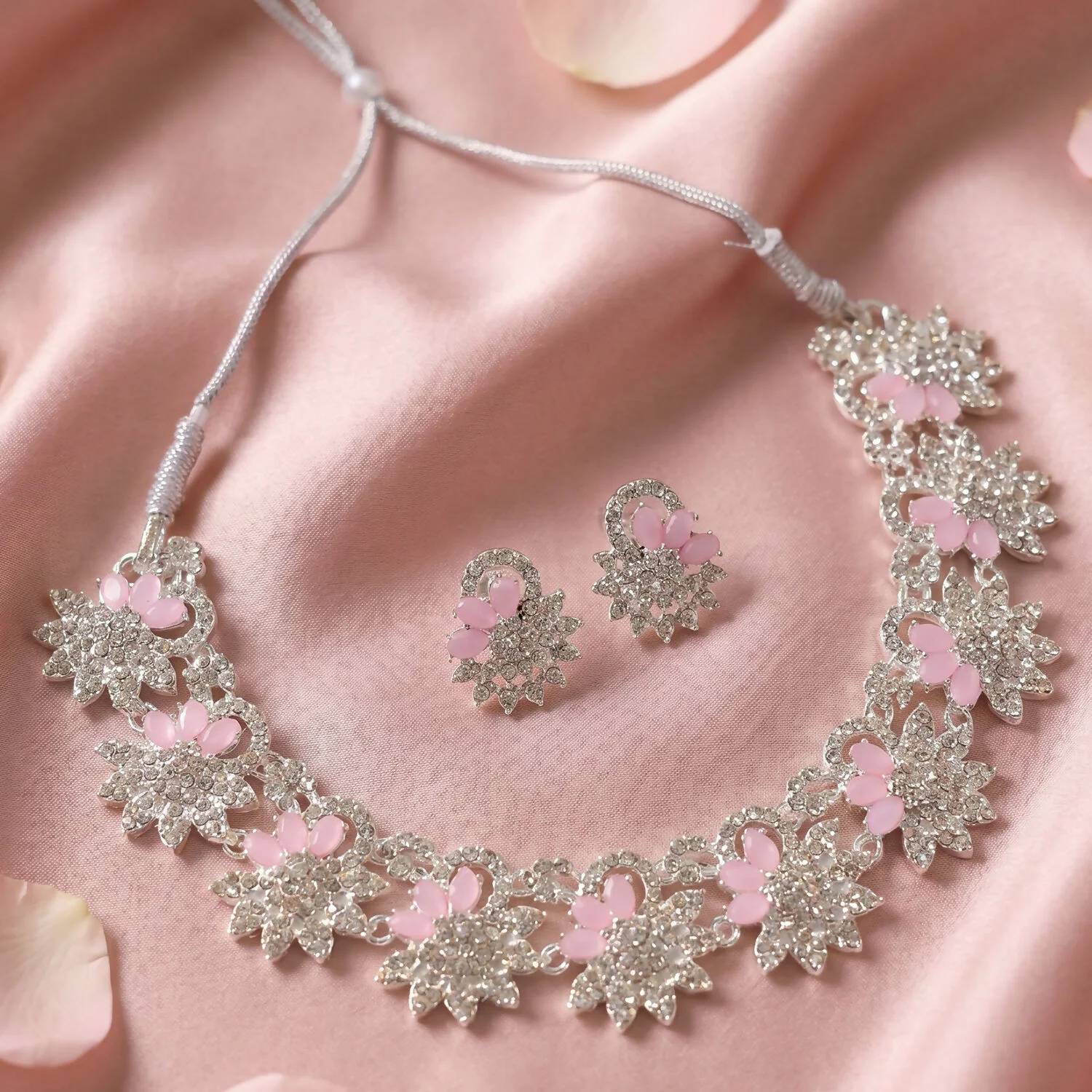 Elegant Pink Floral Necklace Set with Matching Earrings for Special Occasions - Image 2