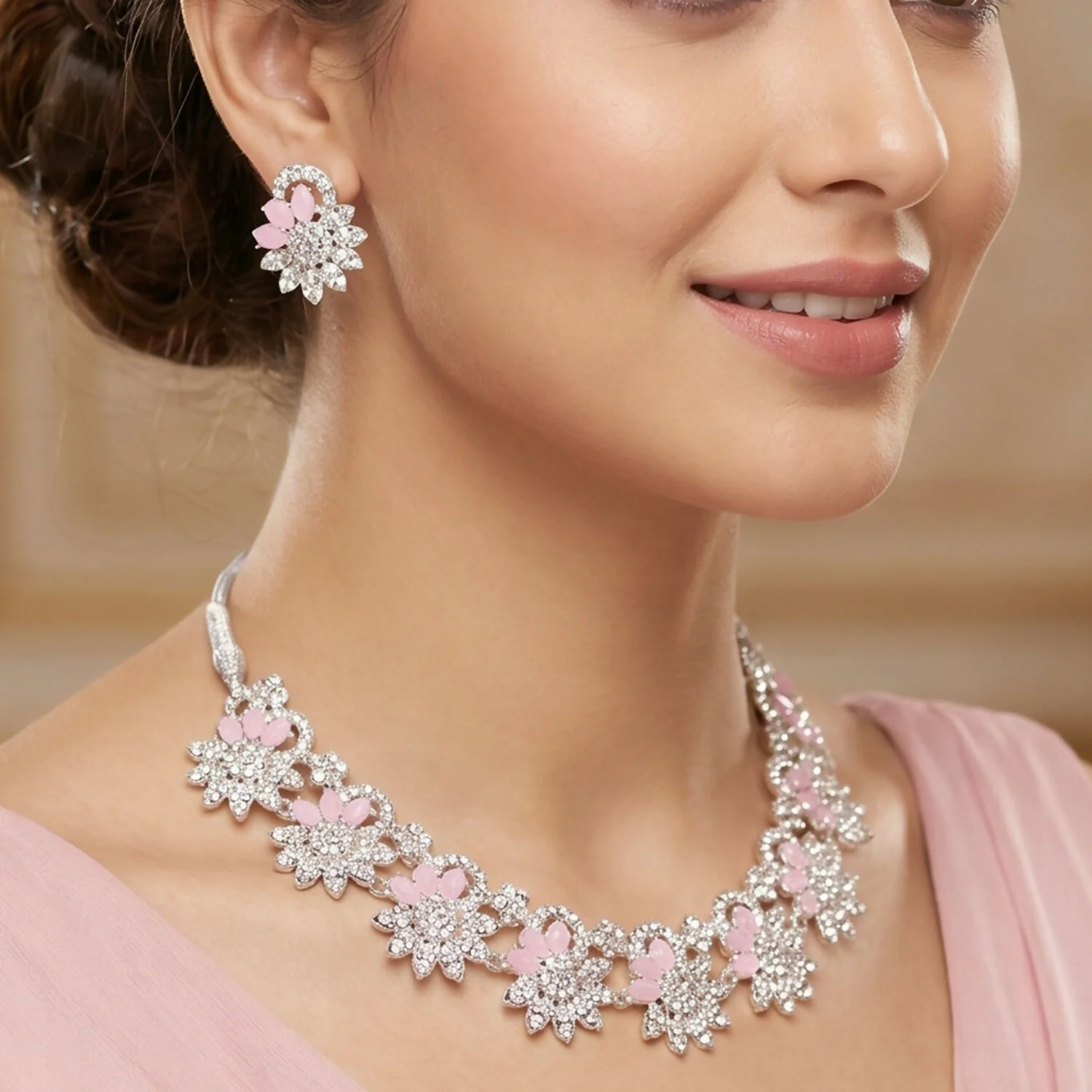 Elegant Pink Floral Necklace Set with Matching Earrings for Special Occasions - Image 3