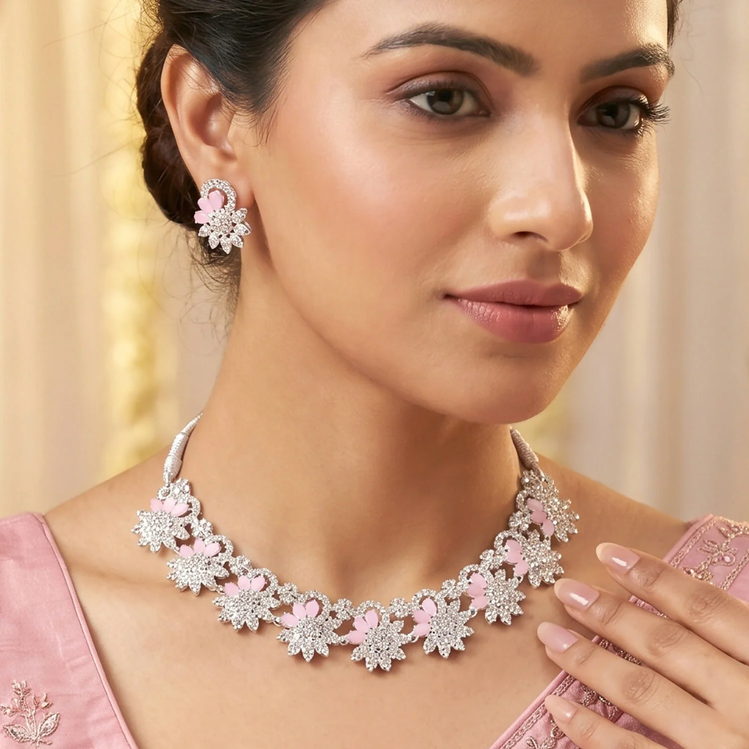 Elegant Pink Floral Necklace Set with Matching Earrings for Special Occasions - Image 5