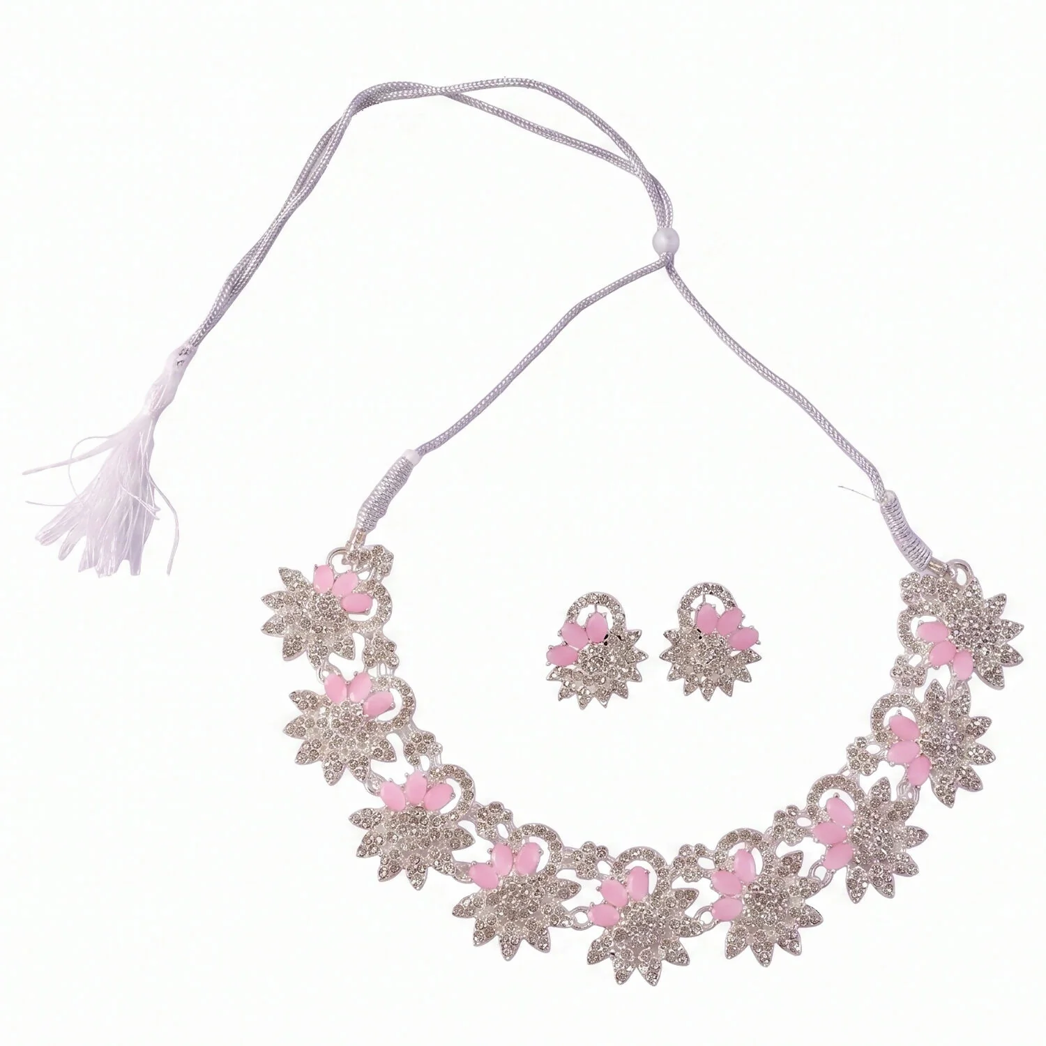 Elegant Pink Floral Necklace Set with Matching Earrings for Special Occasions - Image 6