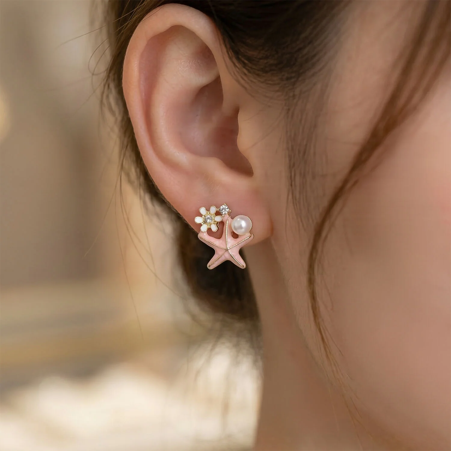 Elegant Pink Starfish Pearl Stud Earrings for Women For Girls - Image 2
