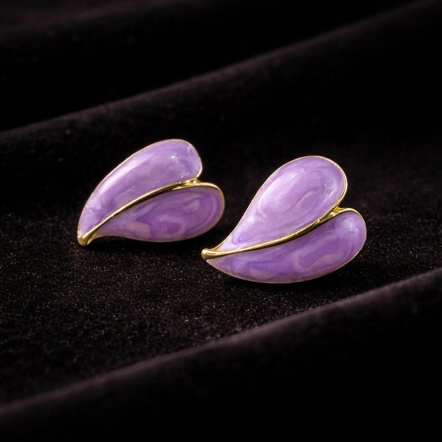 Elegant Purple Glossy Leaf Design Stud Earrings for Women with Gold Outline - Image 3