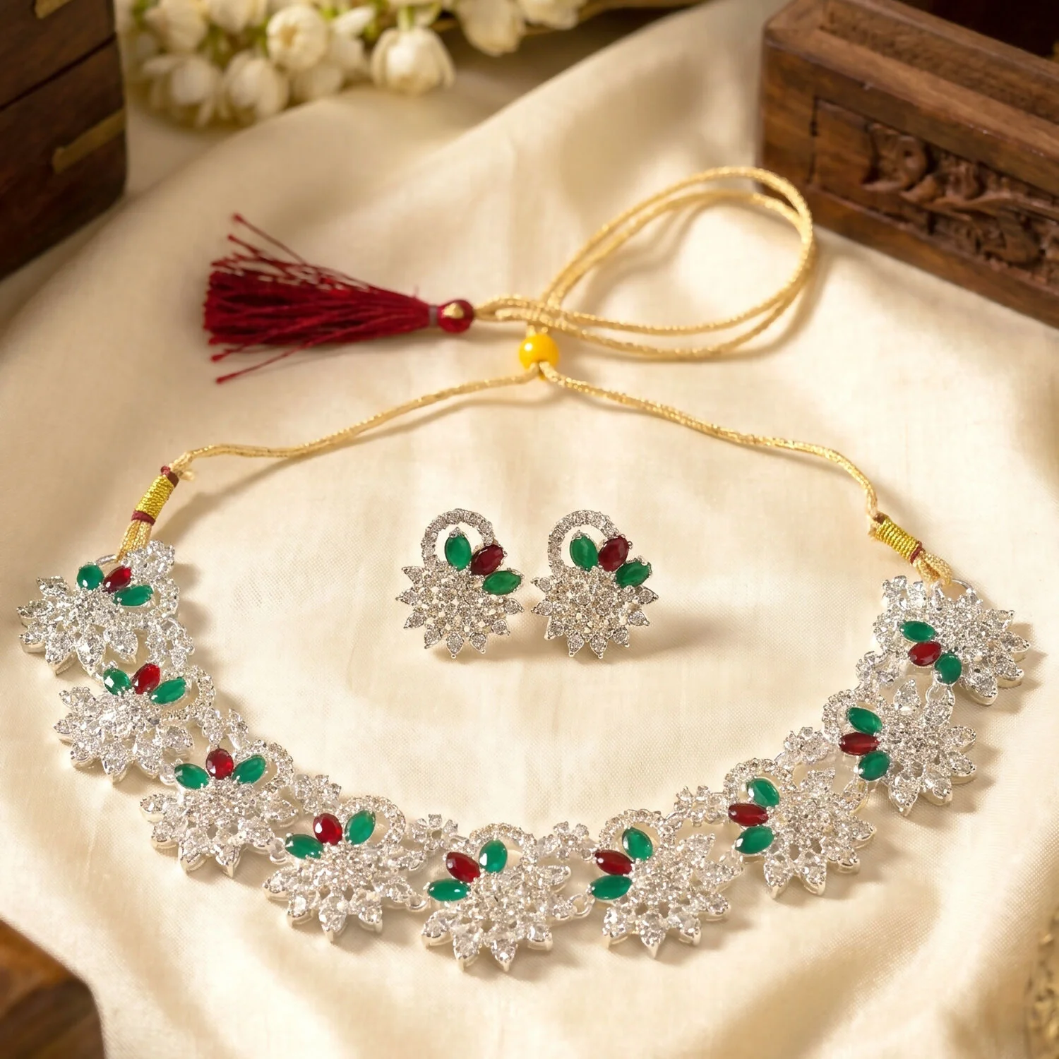 Elegant Red and Green Floral Necklace Set with Earrings for Traditional Wear - Image 2
