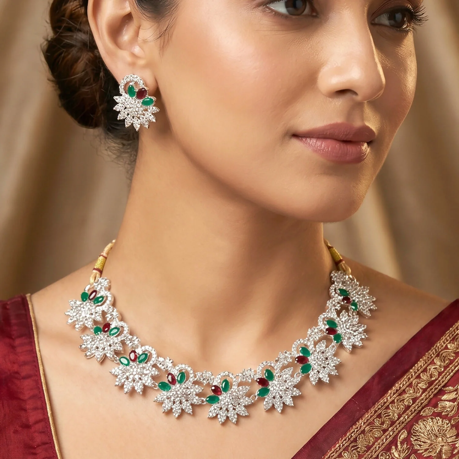 Elegant Red and Green Floral Necklace Set with Earrings for Traditional Wear - Image 3