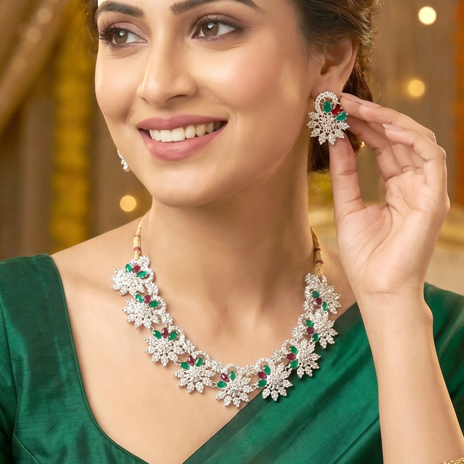 Elegant Red and Green Floral Necklace Set with Earrings for Traditional Wear - Image 5