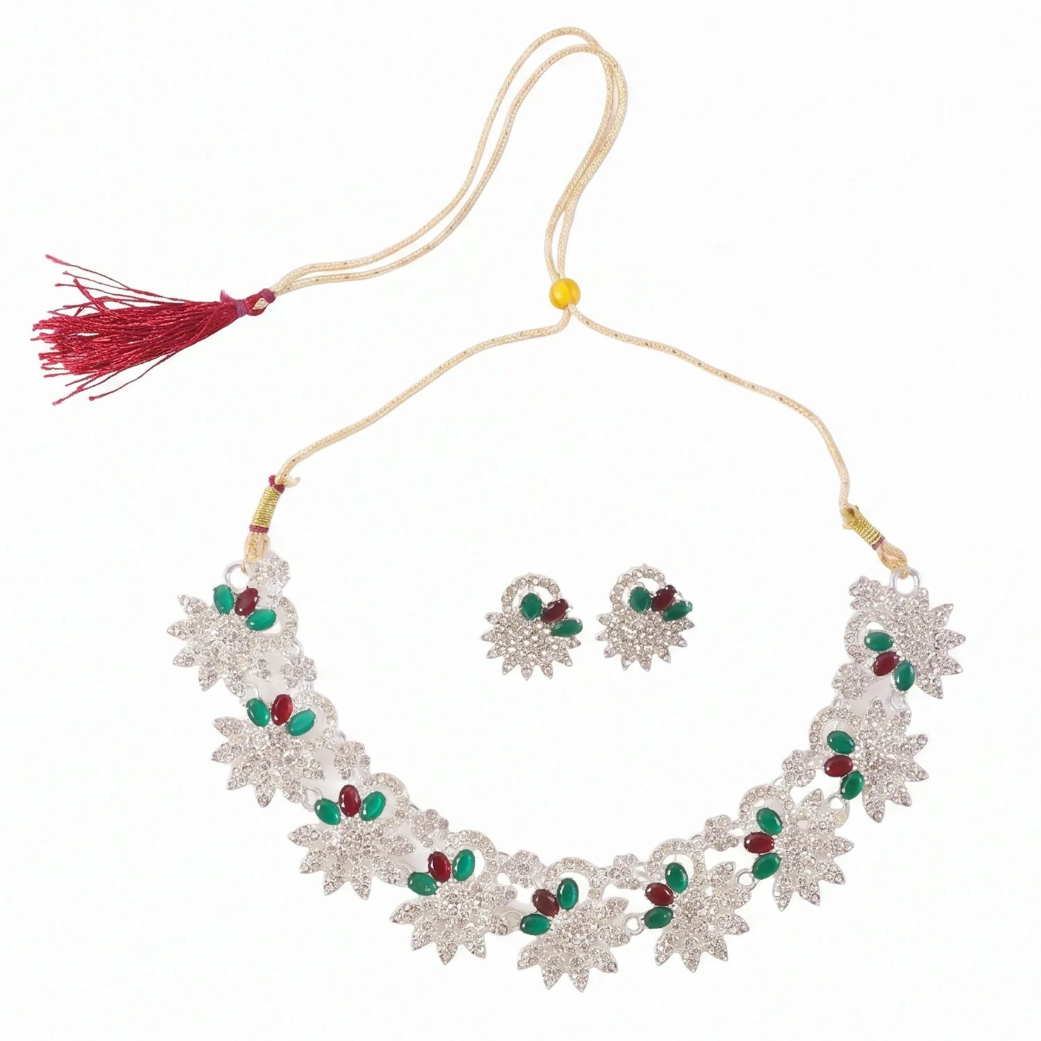 Elegant Red and Green Floral Necklace Set with Earrings for Traditional Wear - Image 6