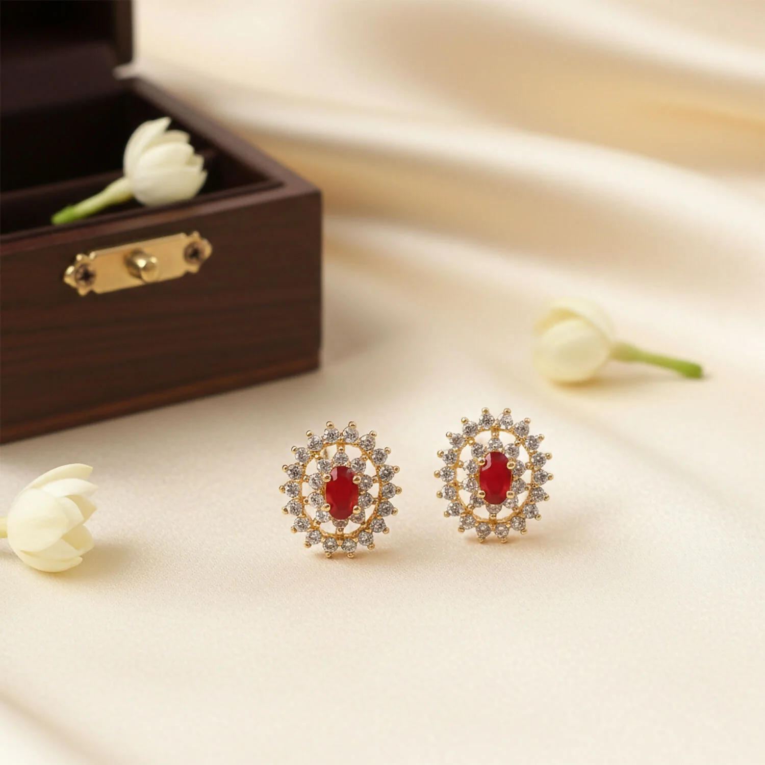 Elegant Red CZ Stone Stud Earrings with Gold Finish for Party, Wedding & Daily Wear - Image 2