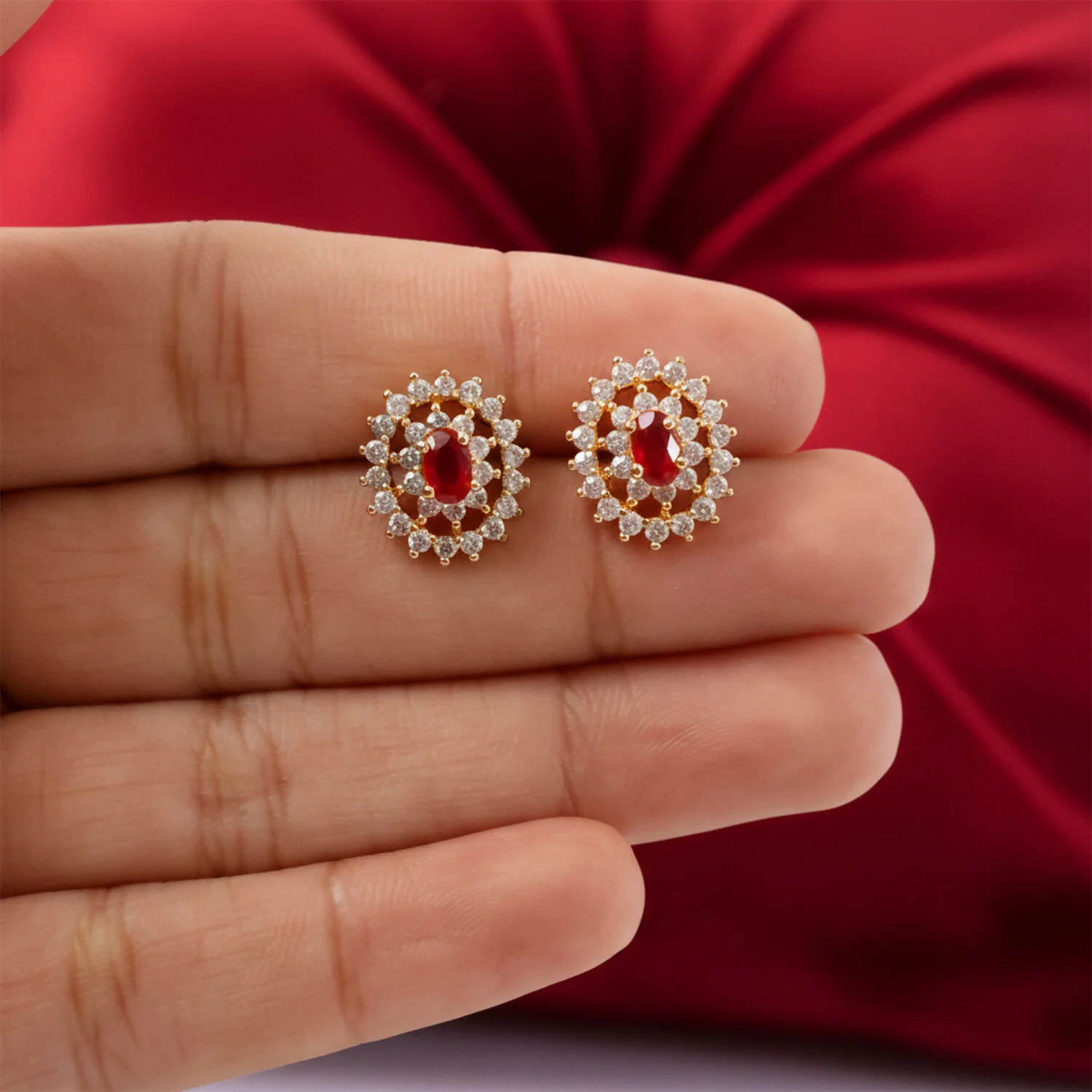 Elegant Red CZ Stone Stud Earrings with Gold Finish for Party, Wedding & Daily Wear - Image 3