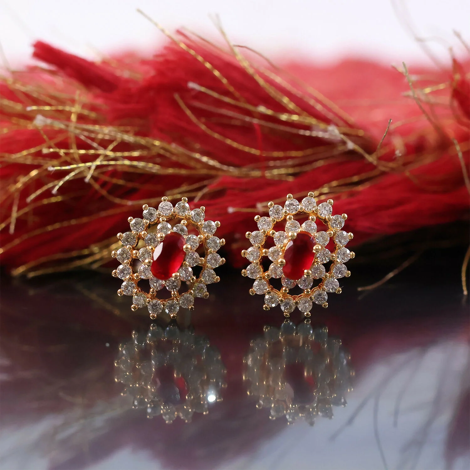 Elegant Red CZ Stone Stud Earrings with Gold Finish for Party, Wedding & Daily Wear - Image 4
