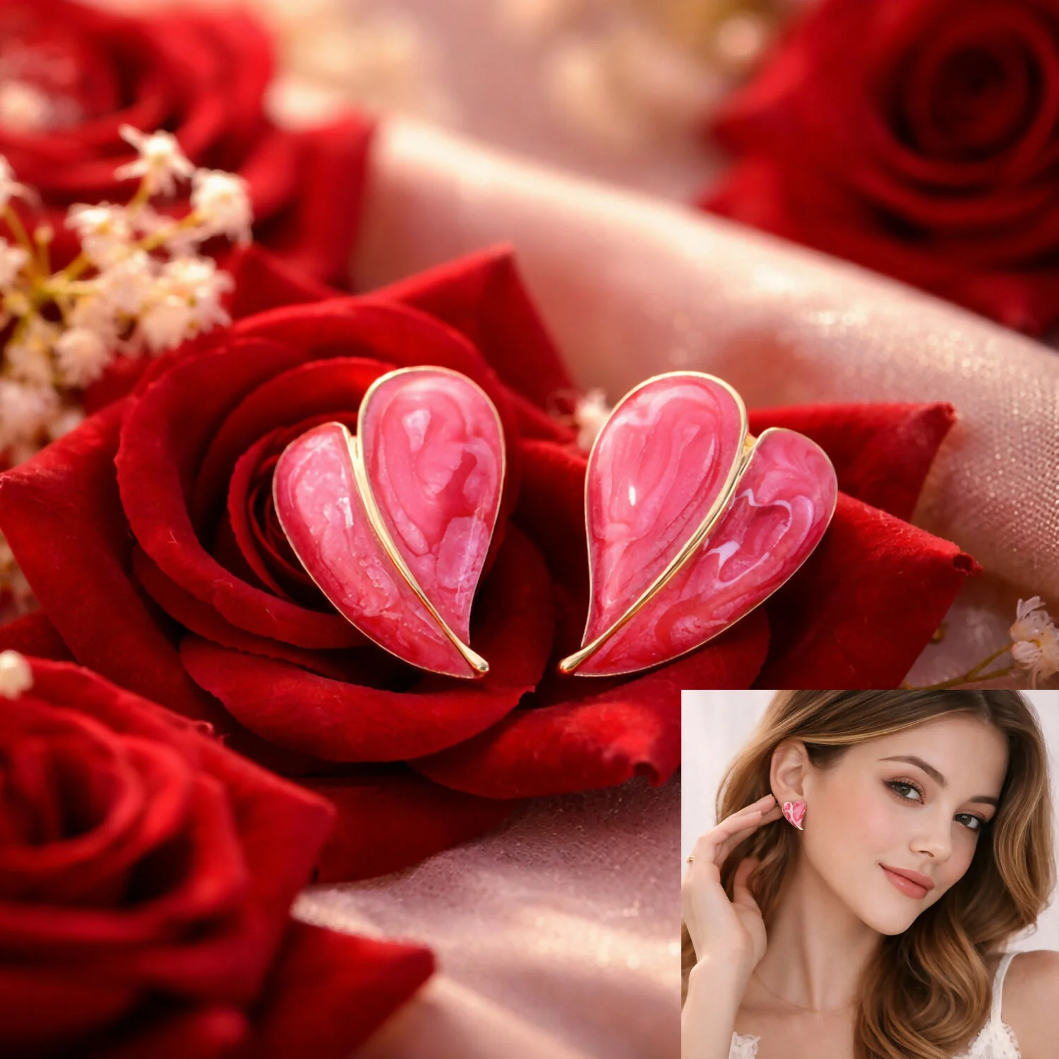 Elegant Red Glossy Leaf Design Stud Earrings for Women with Gold Outline - Image 4