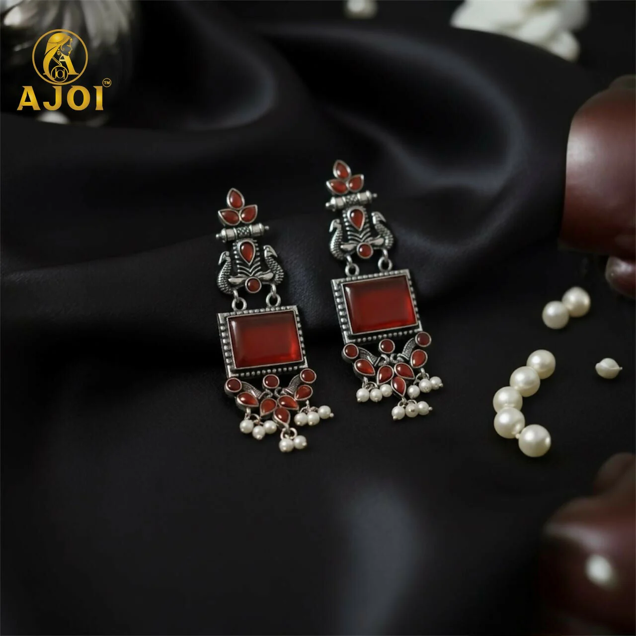 Elegant Red Stone Oxidised Silver Earrings with Pearl Danglers | Ethnic Statement Jewelry - Image 2