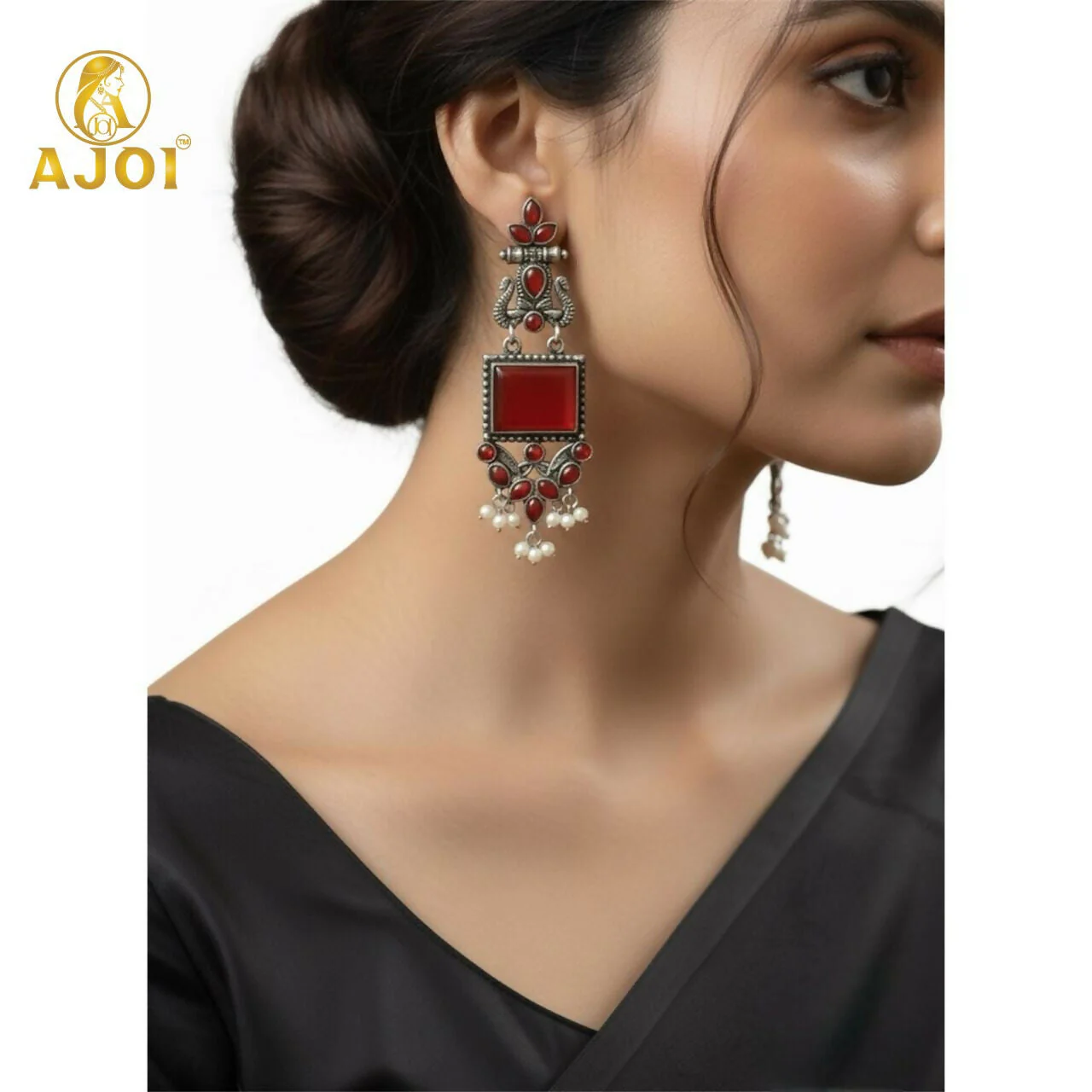 Elegant Red Stone Oxidised Silver Earrings with Pearl Danglers | Ethnic Statement Jewelry - Image 3