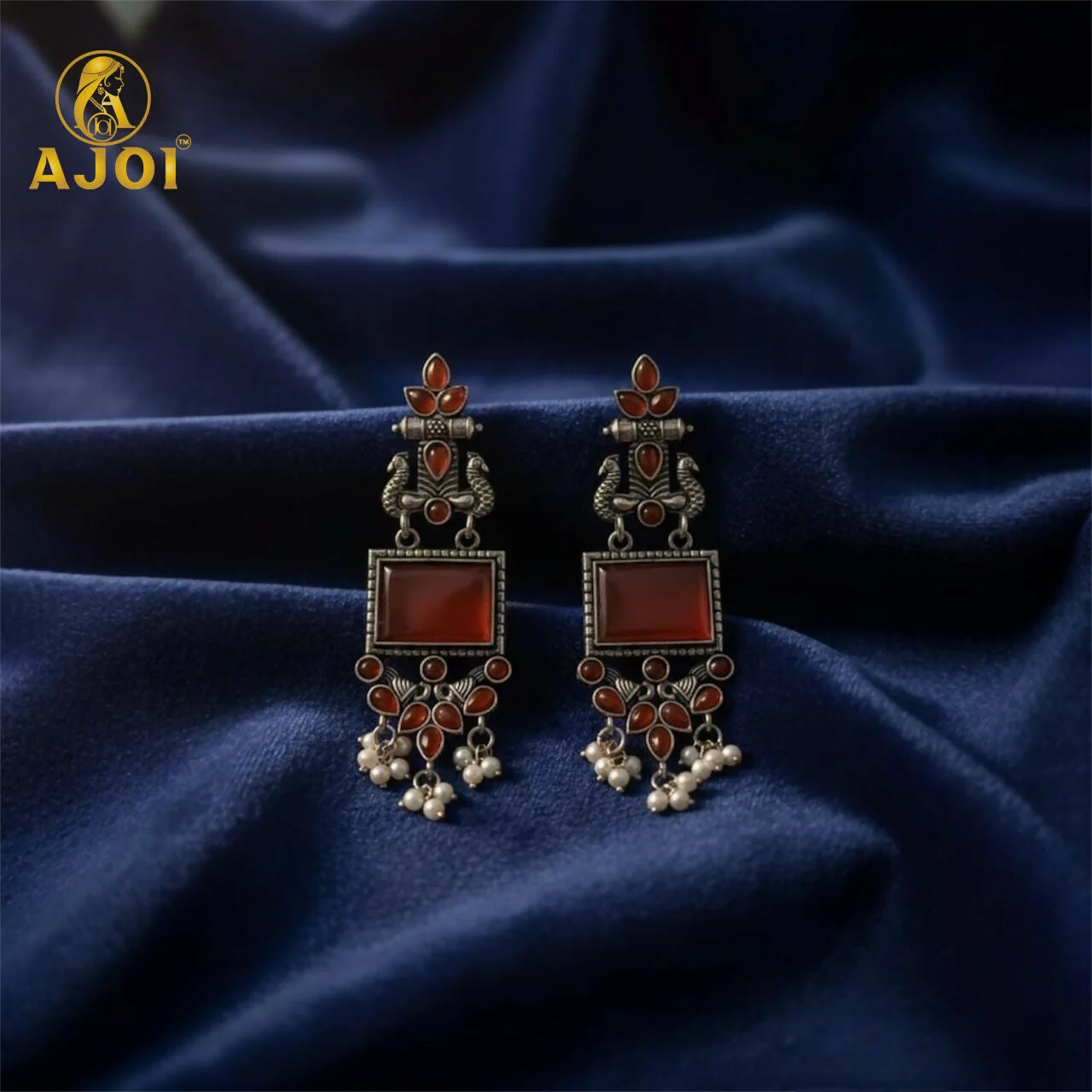 Elegant Red Stone Oxidised Silver Earrings with Pearl Danglers | Ethnic Statement Jewelry - Image 4