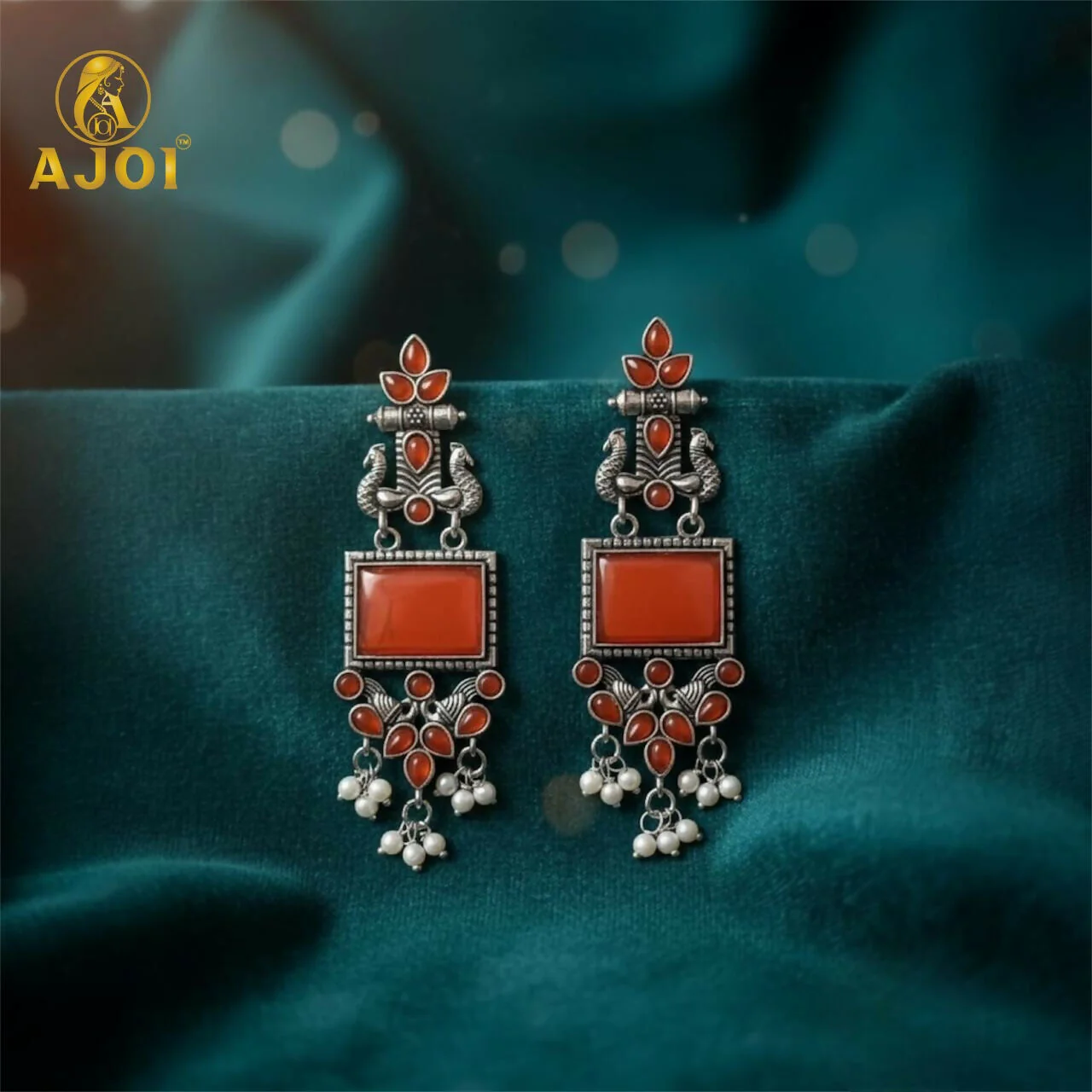 Elegant Red Stone Oxidised Silver Earrings with Pearl Danglers | Ethnic Statement Jewelry - Image 5