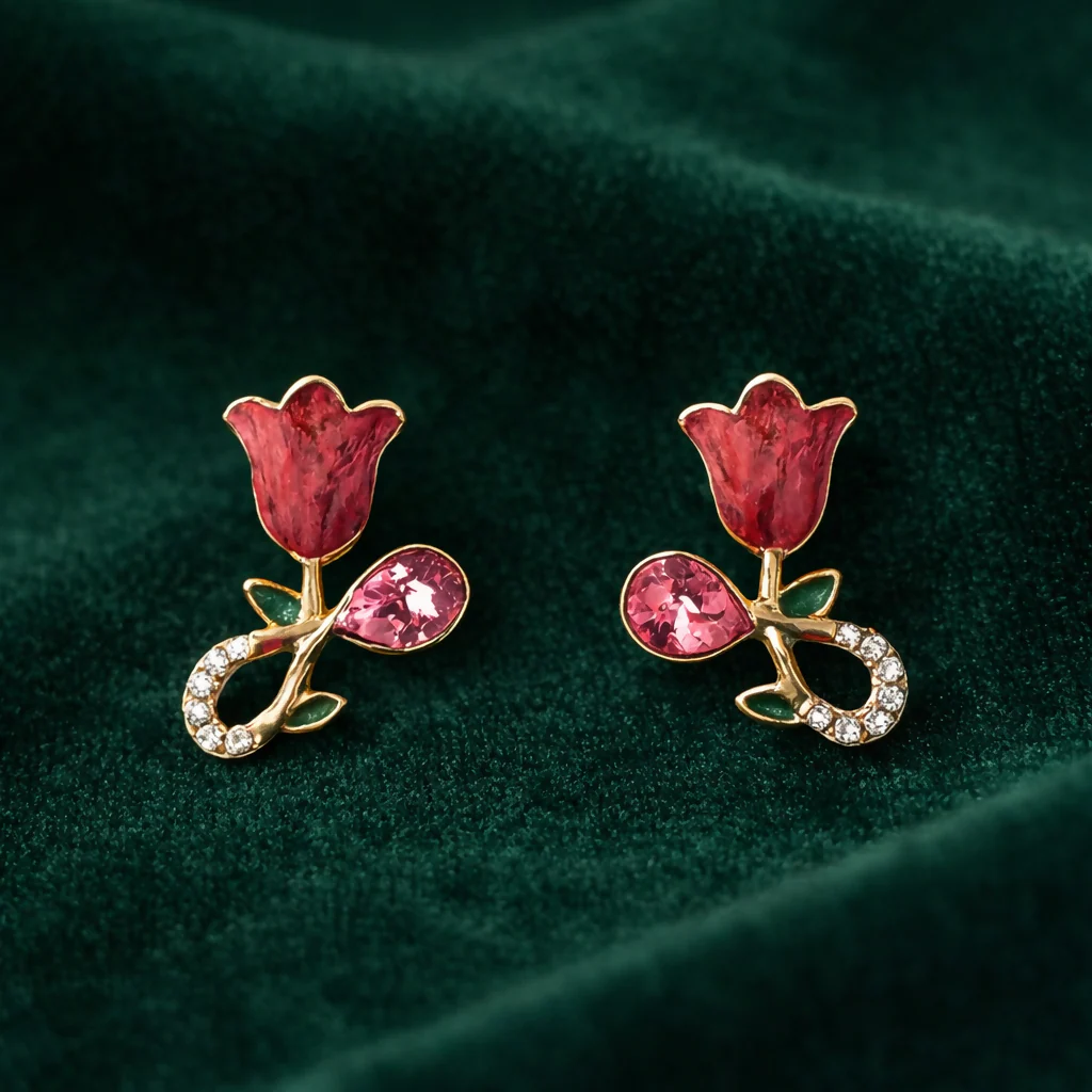 Elegant Rose Floral Crystal Stud Earrings Gold Plated Stylish Women - Image 2