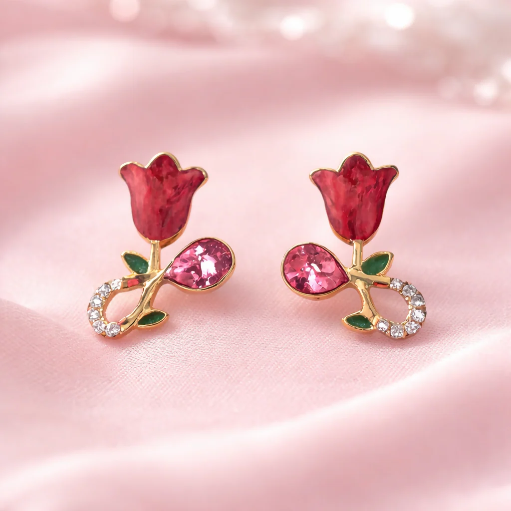Elegant Rose Floral Crystal Stud Earrings Gold Plated Stylish Women - Image 3