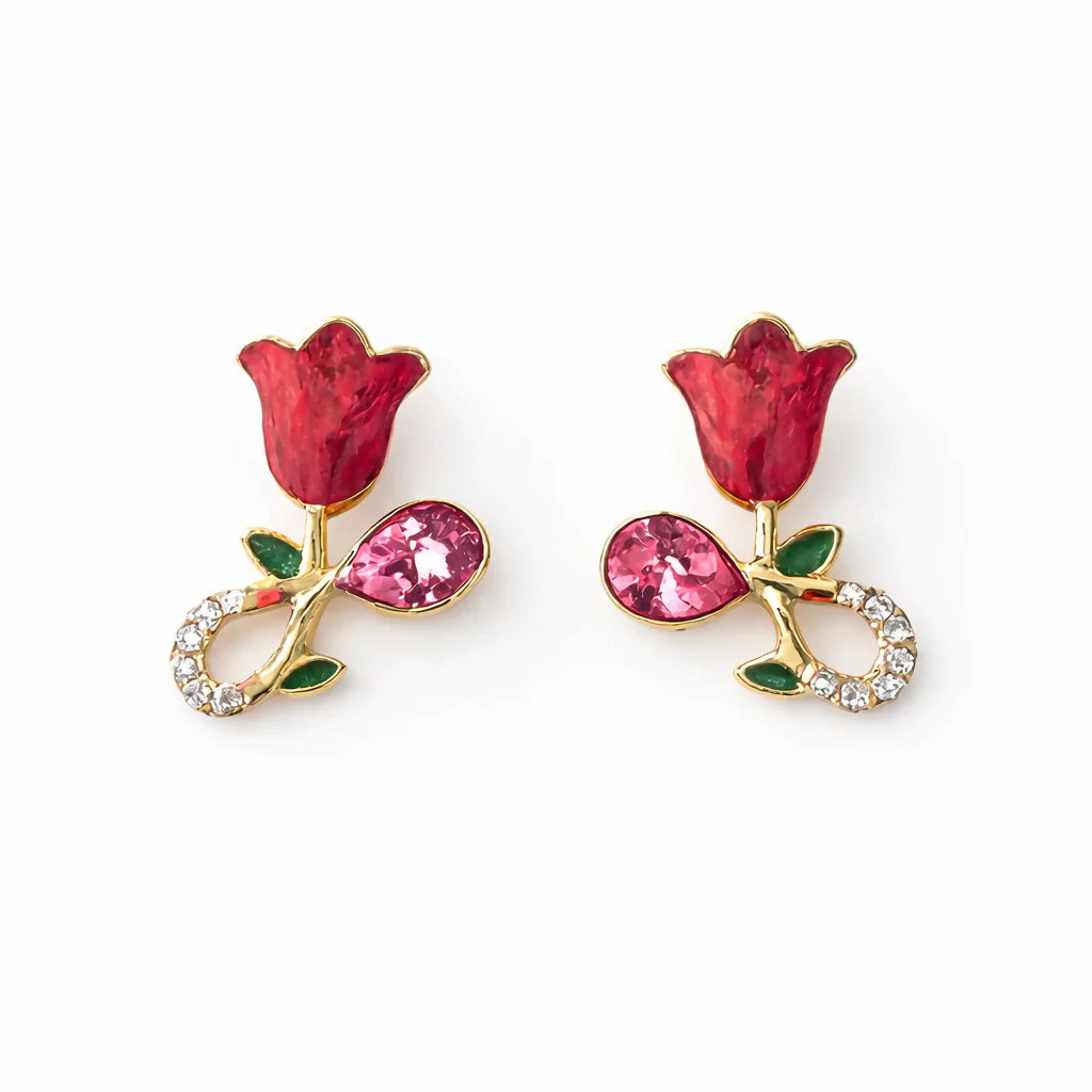 Elegant Rose Floral Crystal Stud Earrings Gold Plated Stylish Women - Image 4