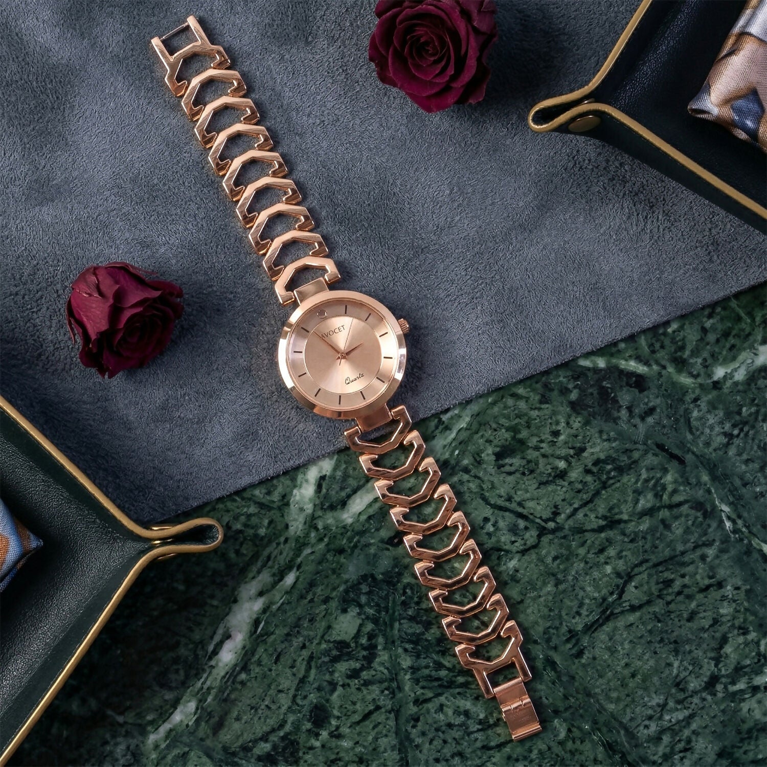 Elegant Rose Gold Analog Wrist Watch with Designer Bracelet Strap for Women - Image 2