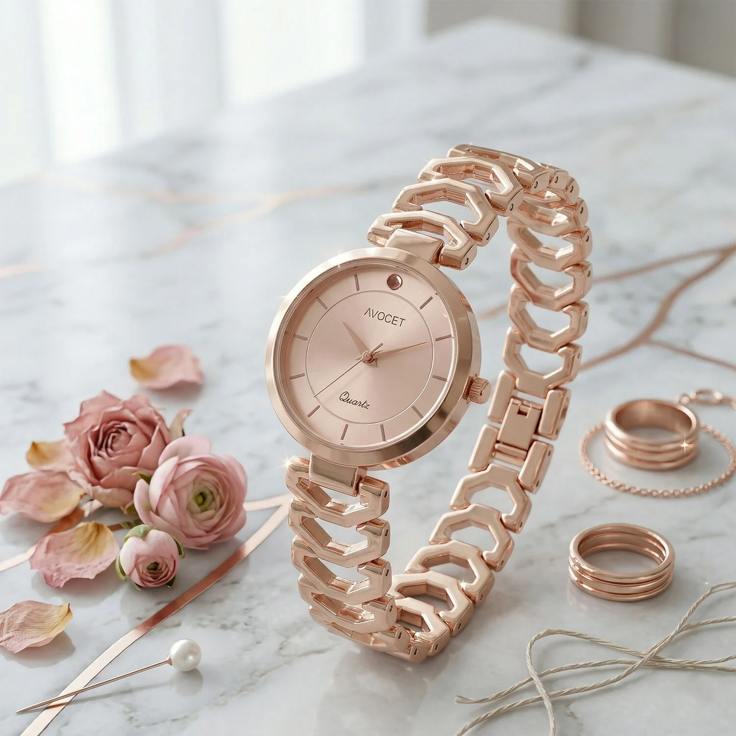 Elegant Rose Gold Analog Wrist Watch with Designer Bracelet Strap for Women - Image 3
