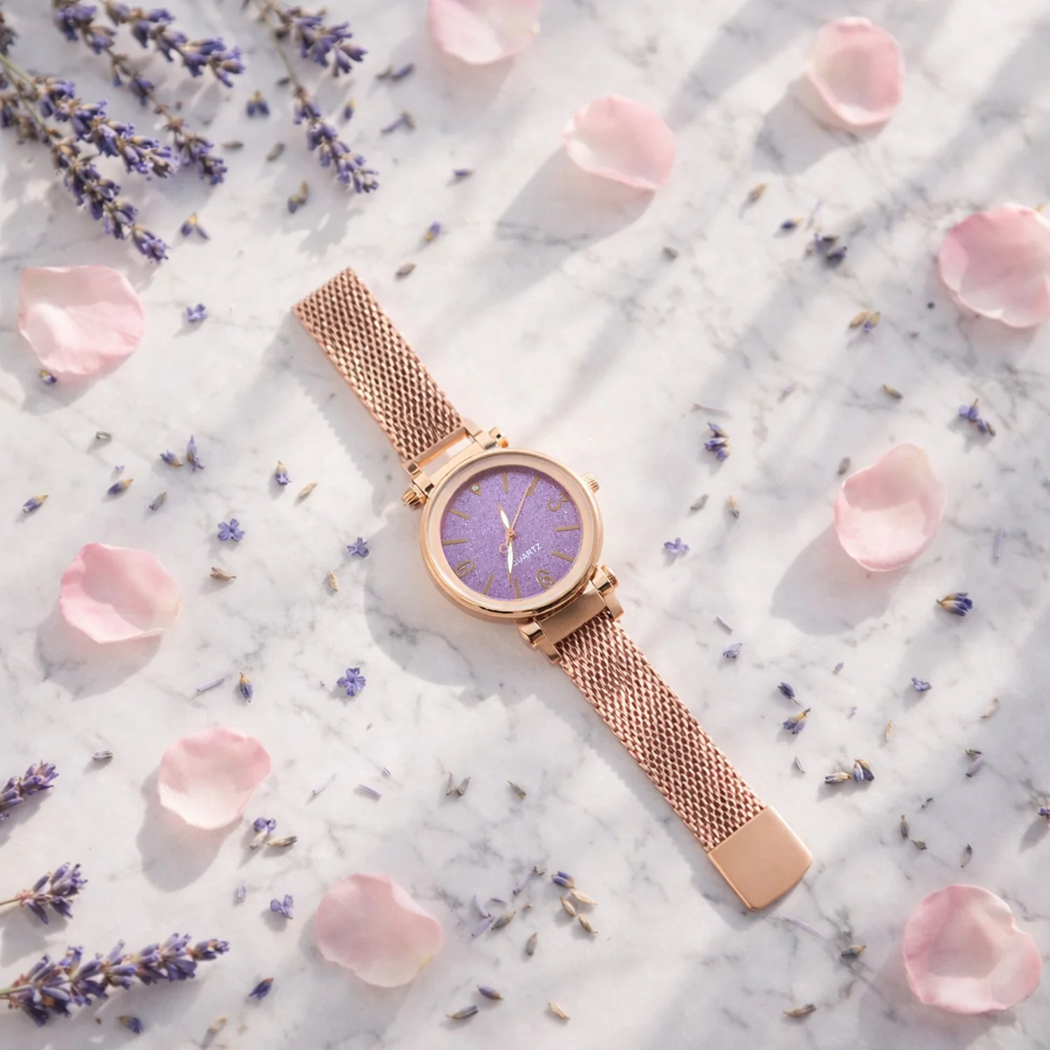 Elegant Rose Gold Mesh Strap Analog Wrist Watch for Women (1 Pc) - Image 4