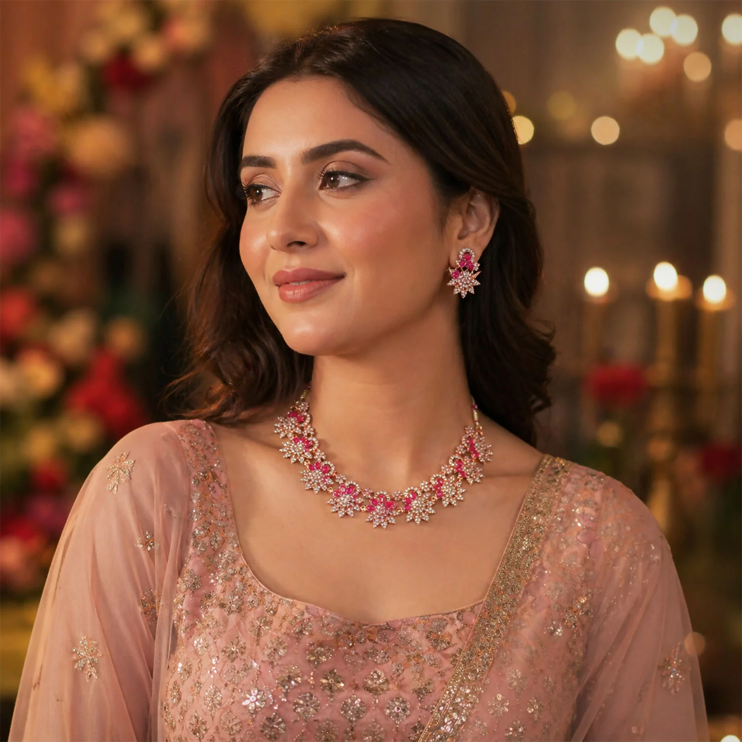 Elegant Rose Gold Necklace & Earrings Set with Red Stones - Image 2