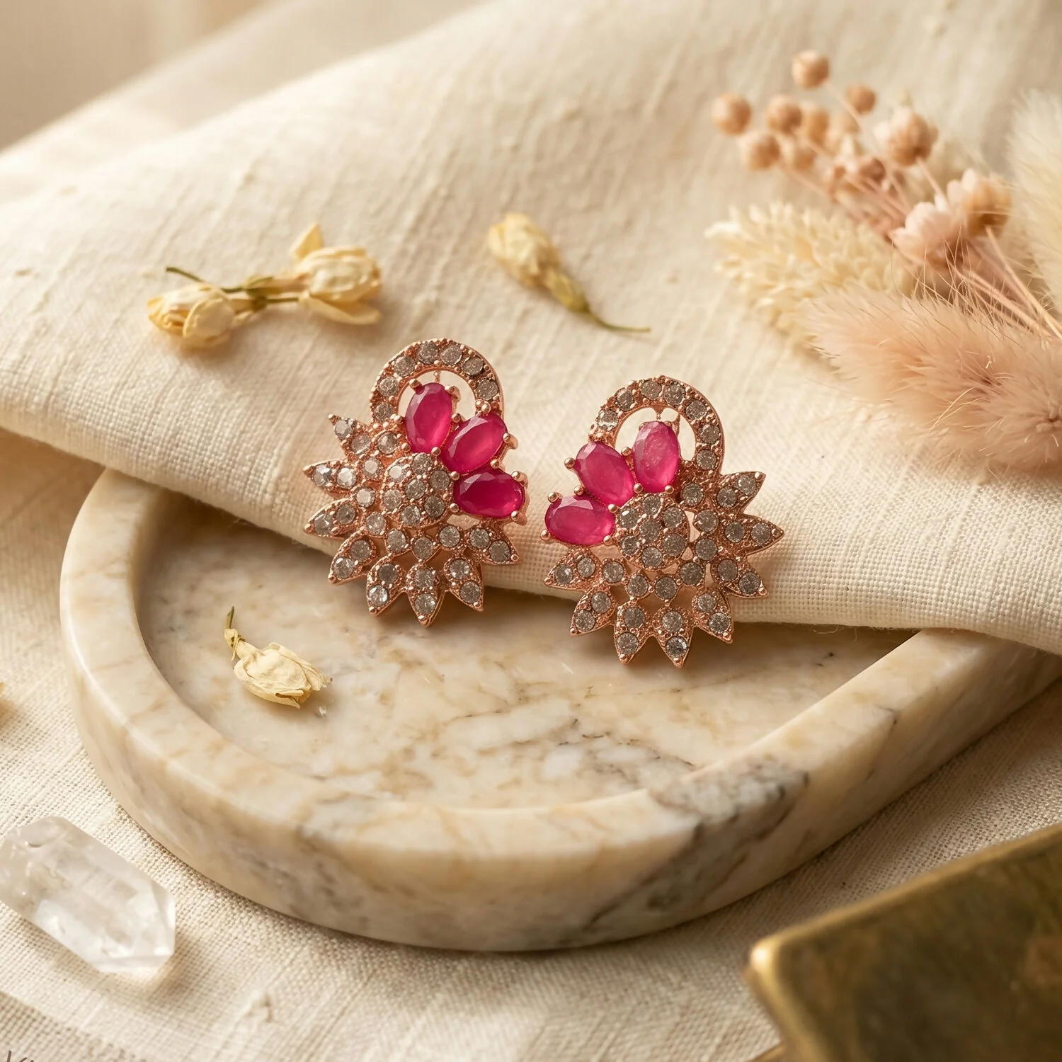 Elegant Rose Gold Necklace & Earrings Set with Red Stones - Image 3