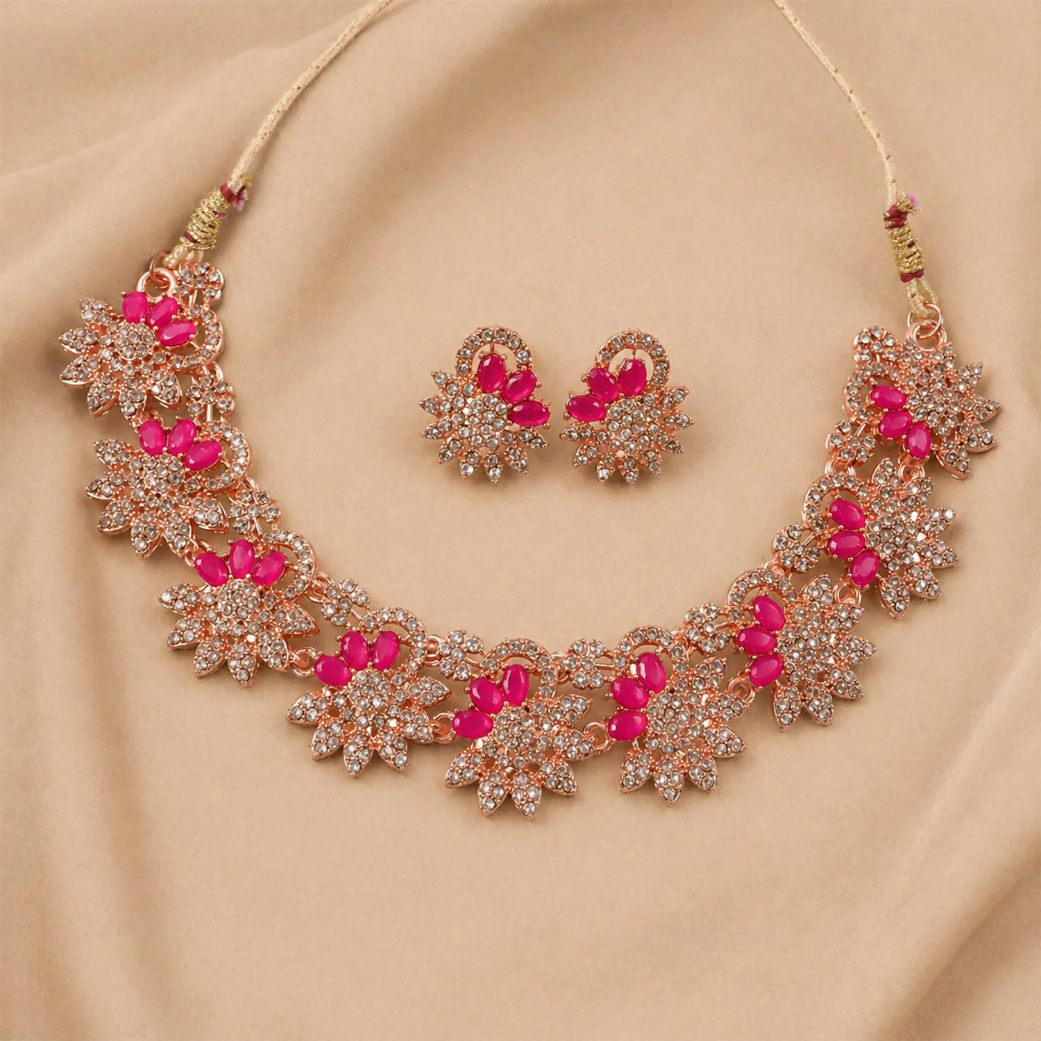 Elegant Rose Gold Necklace & Earrings Set with Red Stones - Image 4