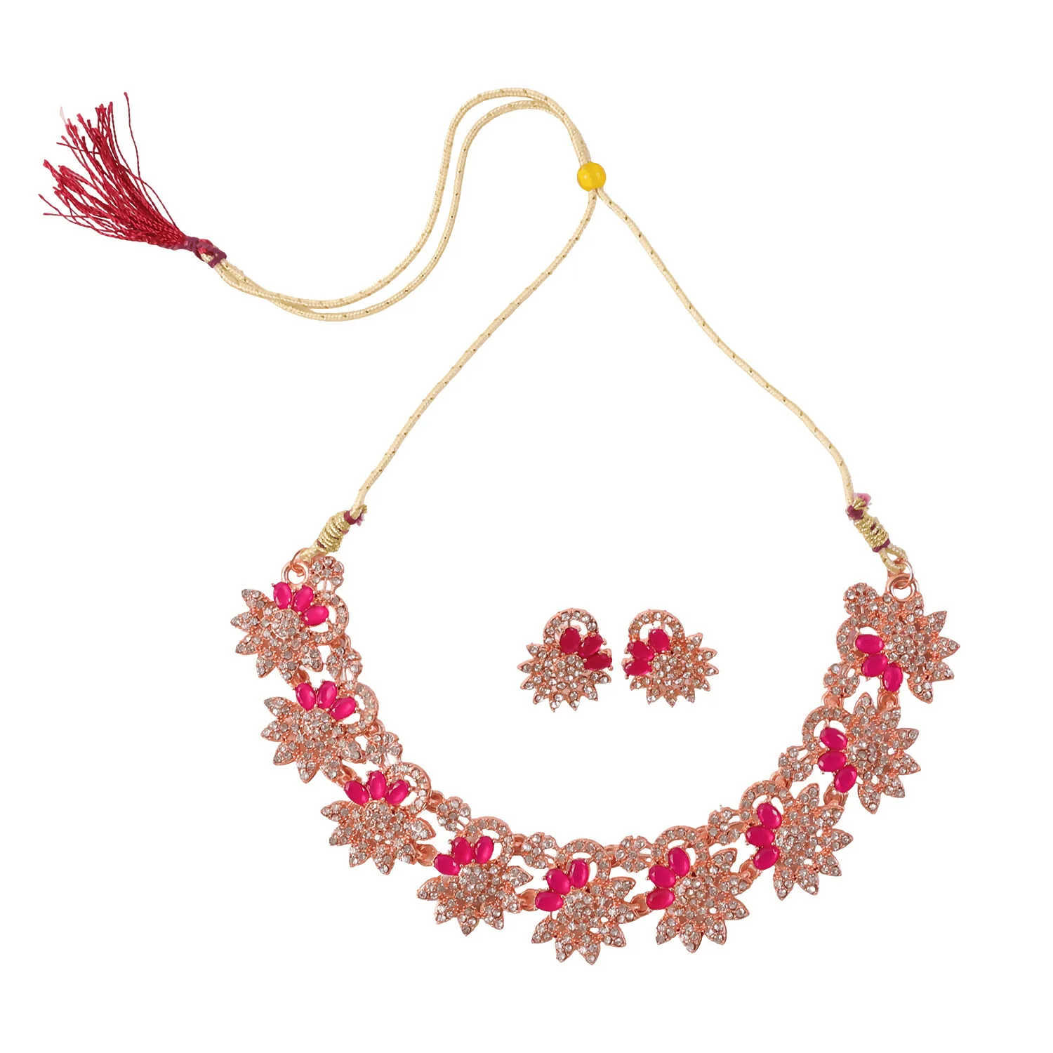 Elegant Rose Gold Necklace & Earrings Set with Red Stones - Image 5