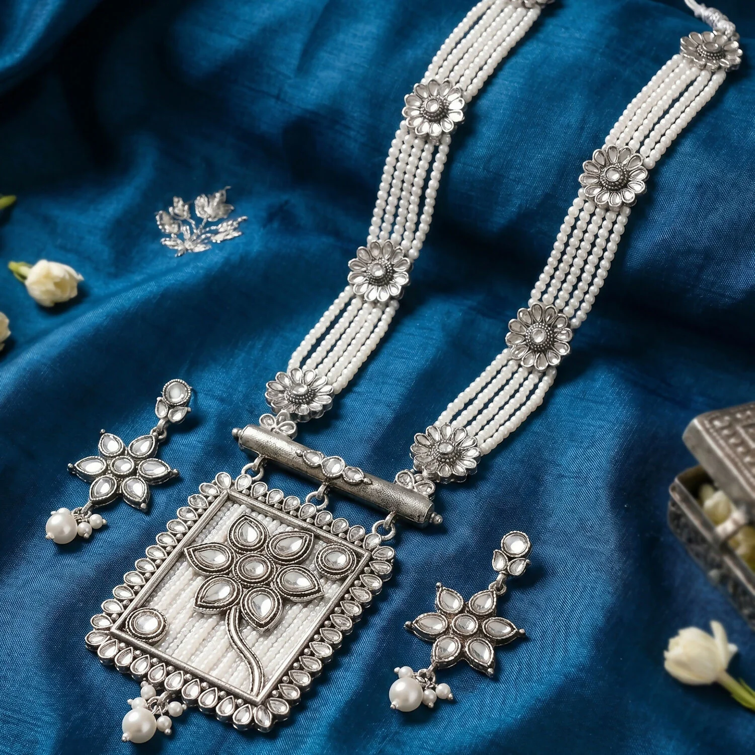 Elegant Silver and Pearl Necklace Set with Floral Pendant and Earrings for Special Occasions - Image 2