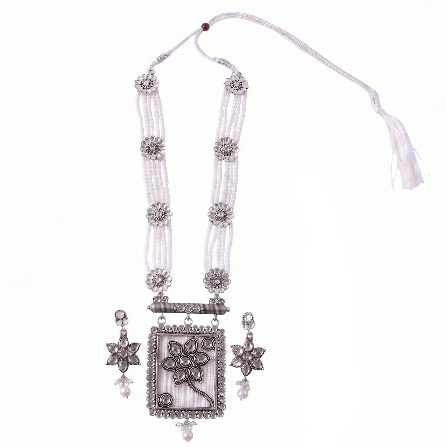 Elegant Silver and Pearl Necklace Set with Floral Pendant and Earrings for Special Occasions - Image 6