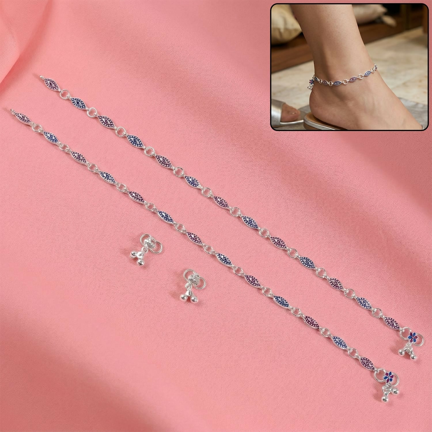 Elegant Silver Enamel Leaf Anklet Pair with Floral Charm - Image 2
