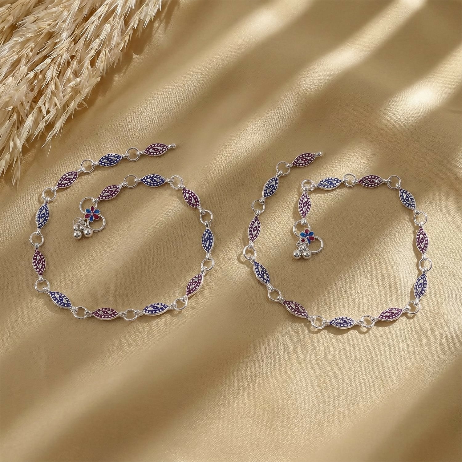 Elegant Silver Enamel Leaf Anklet Pair with Floral Charm - Image 3