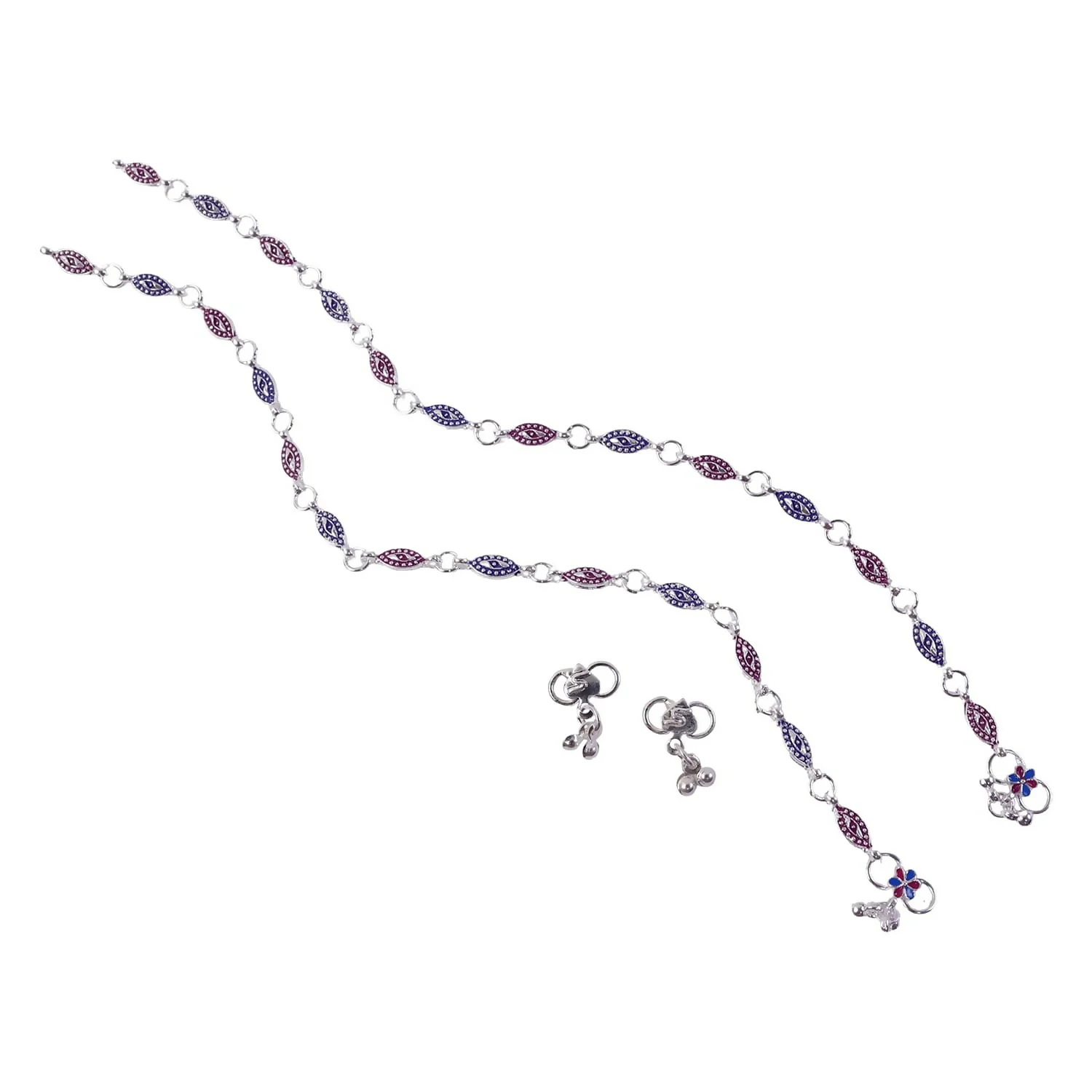 Elegant Silver Enamel Leaf Anklet Pair with Floral Charm - Image 5