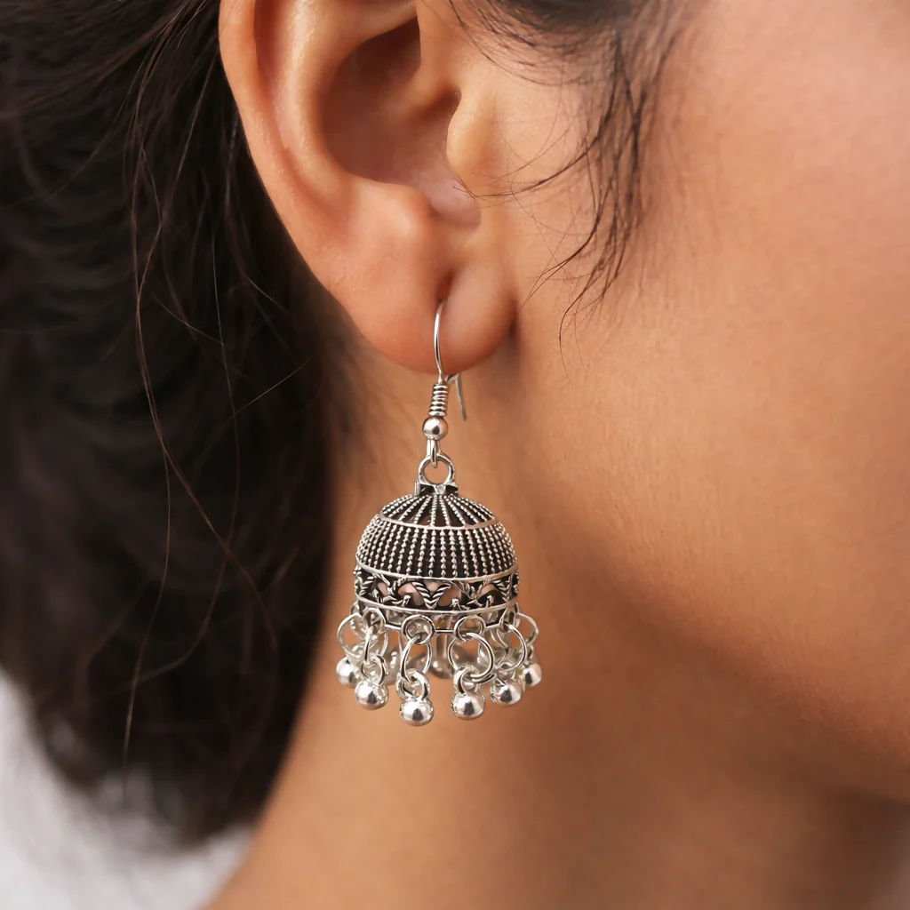 Elegant Silver Hook Jhumka Earrings - Image 2