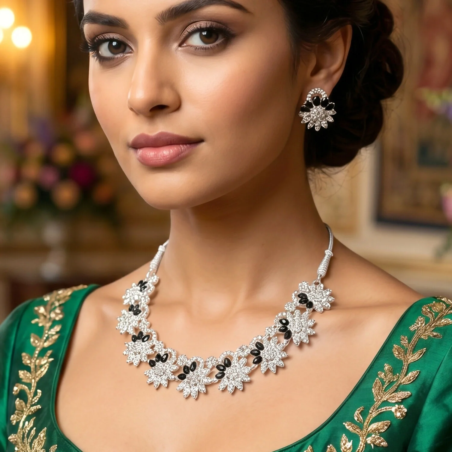 Elegant Silver-Plated Black Stone Necklace Set with Earrings For Woman - Image 5