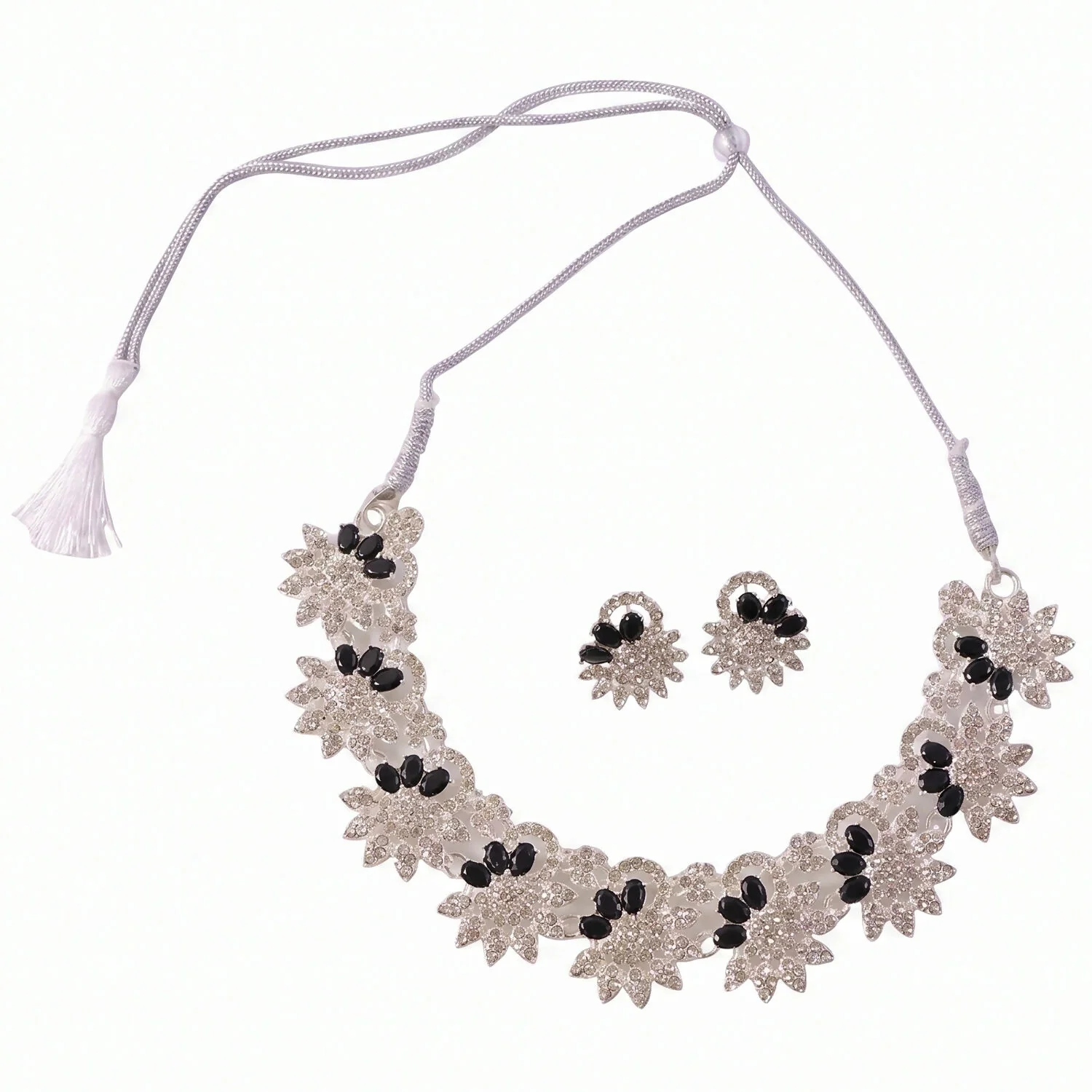 Elegant Silver-Plated Black Stone Necklace Set with Earrings For Woman - Image 6