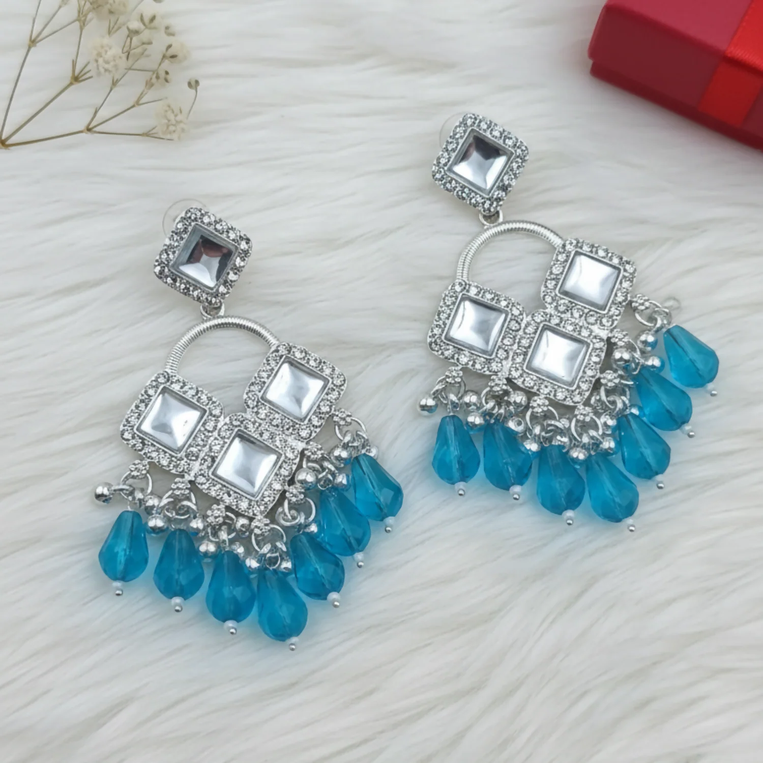 Elegant Silver Plated Chandelier Earrings Featuring Square Crystals and Aqua Blue Teardrop Beads - Image 2