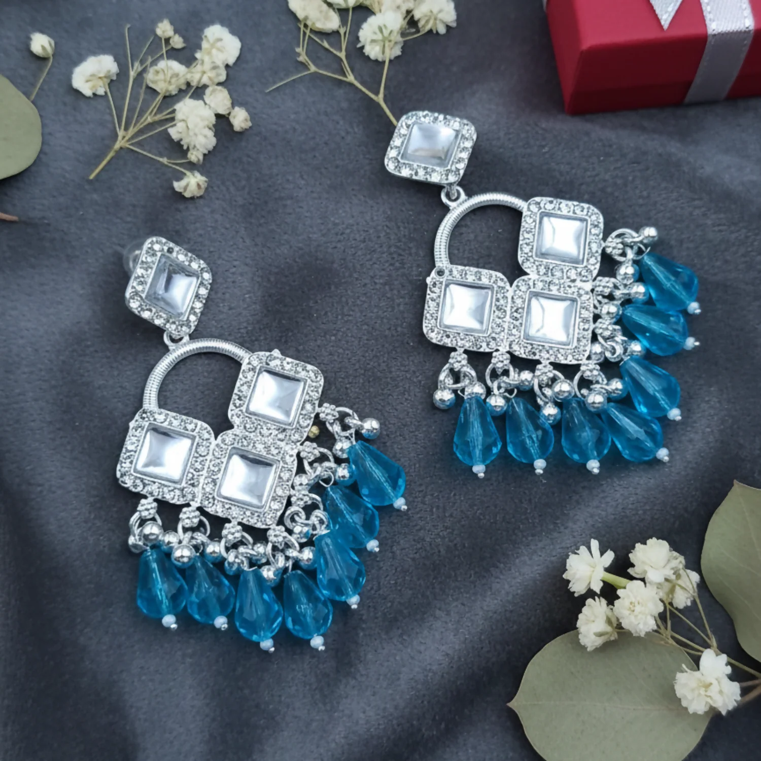 Elegant Silver Plated Chandelier Earrings Featuring Square Crystals and Aqua Blue Teardrop Beads - Image 3