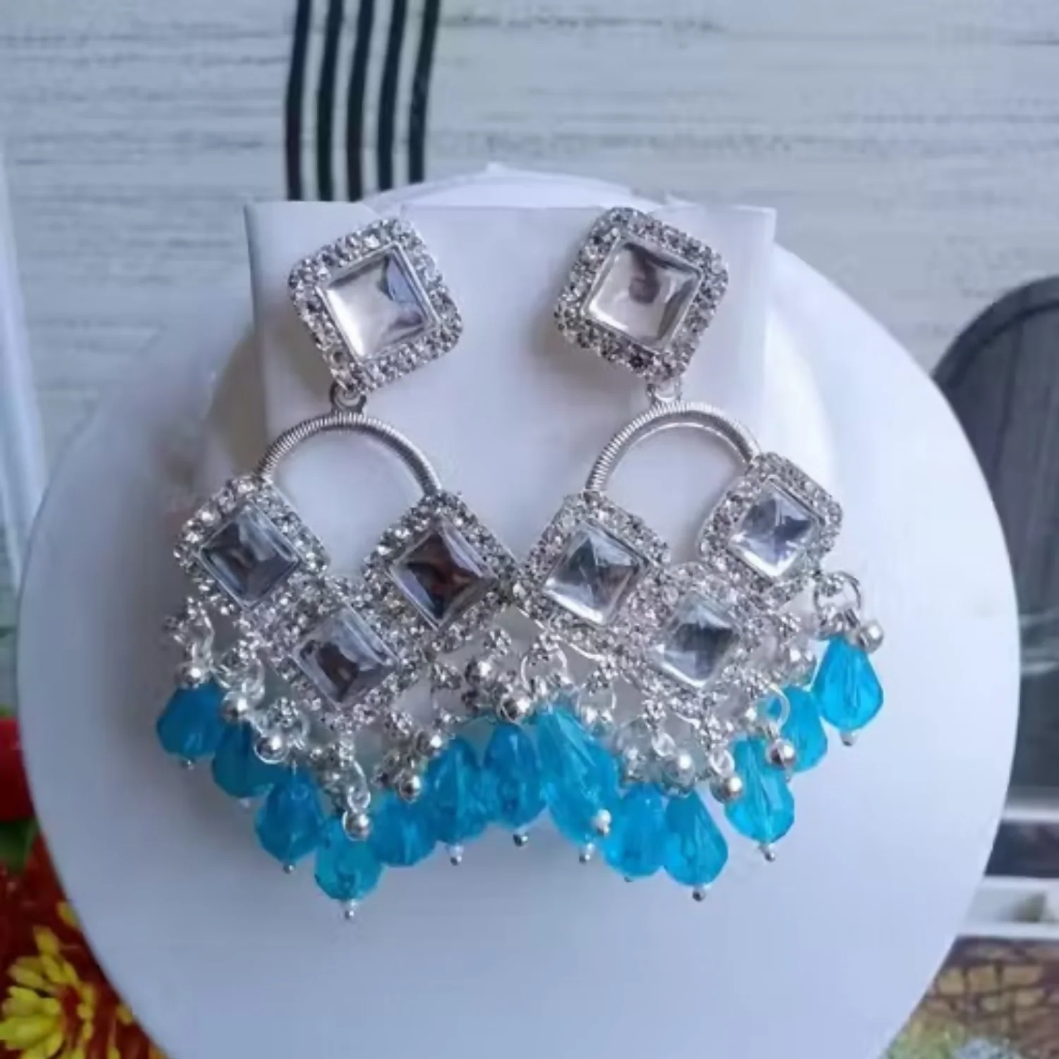 Elegant Silver Plated Chandelier Earrings Featuring Square Crystals and Aqua Blue Teardrop Beads - Image 4