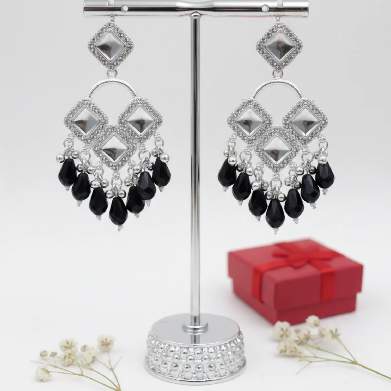 Elegant Silver Plated Chandelier Earrings Featuring Square Crystals and Black Teardrop Beads - Image 4