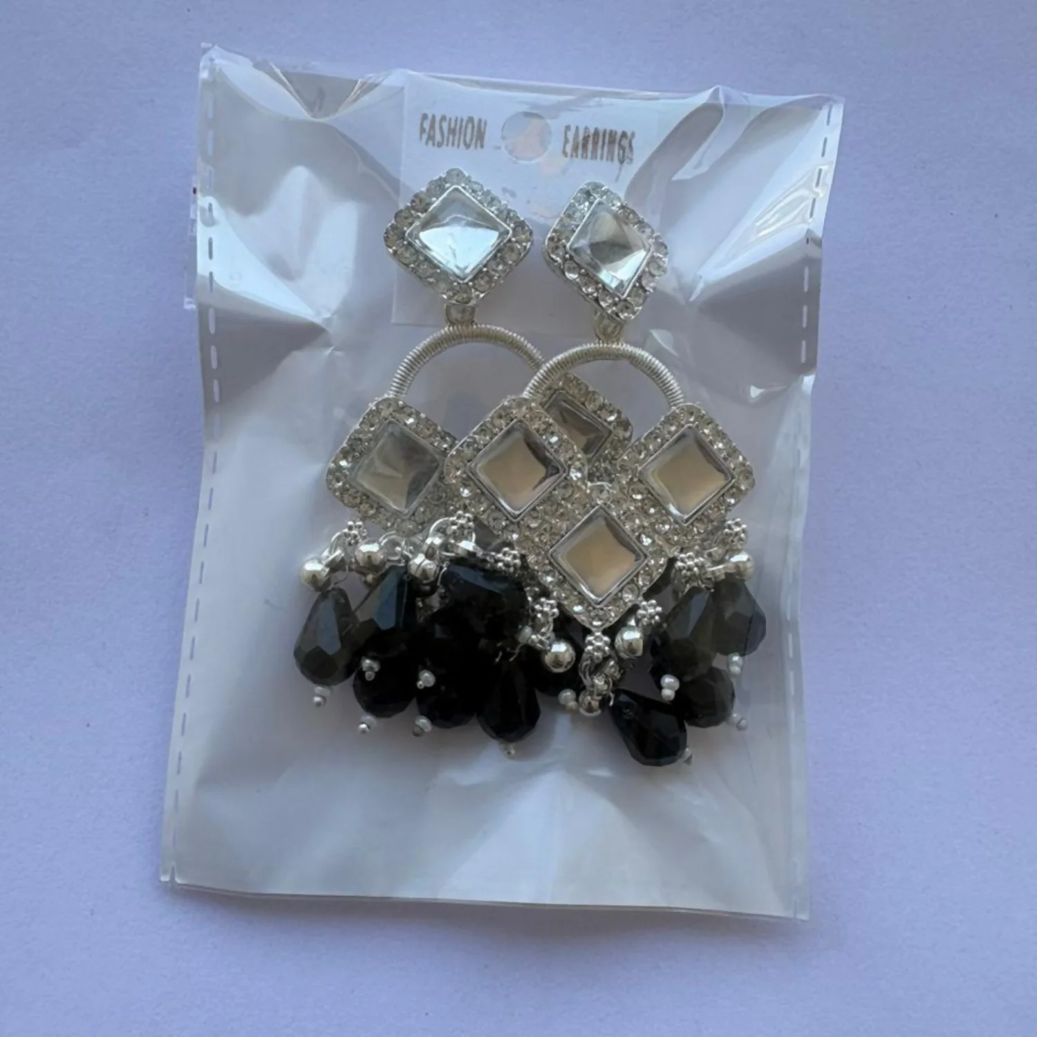 Elegant Silver Plated Chandelier Earrings Featuring Square Crystals and Black Teardrop Beads - Image 5