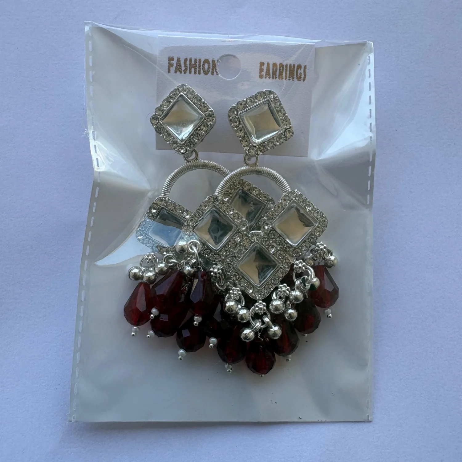 Elegant Silver Plated Chandelier Earrings Featuring Square Crystals and Maroon Teardrop Beads - Image 5